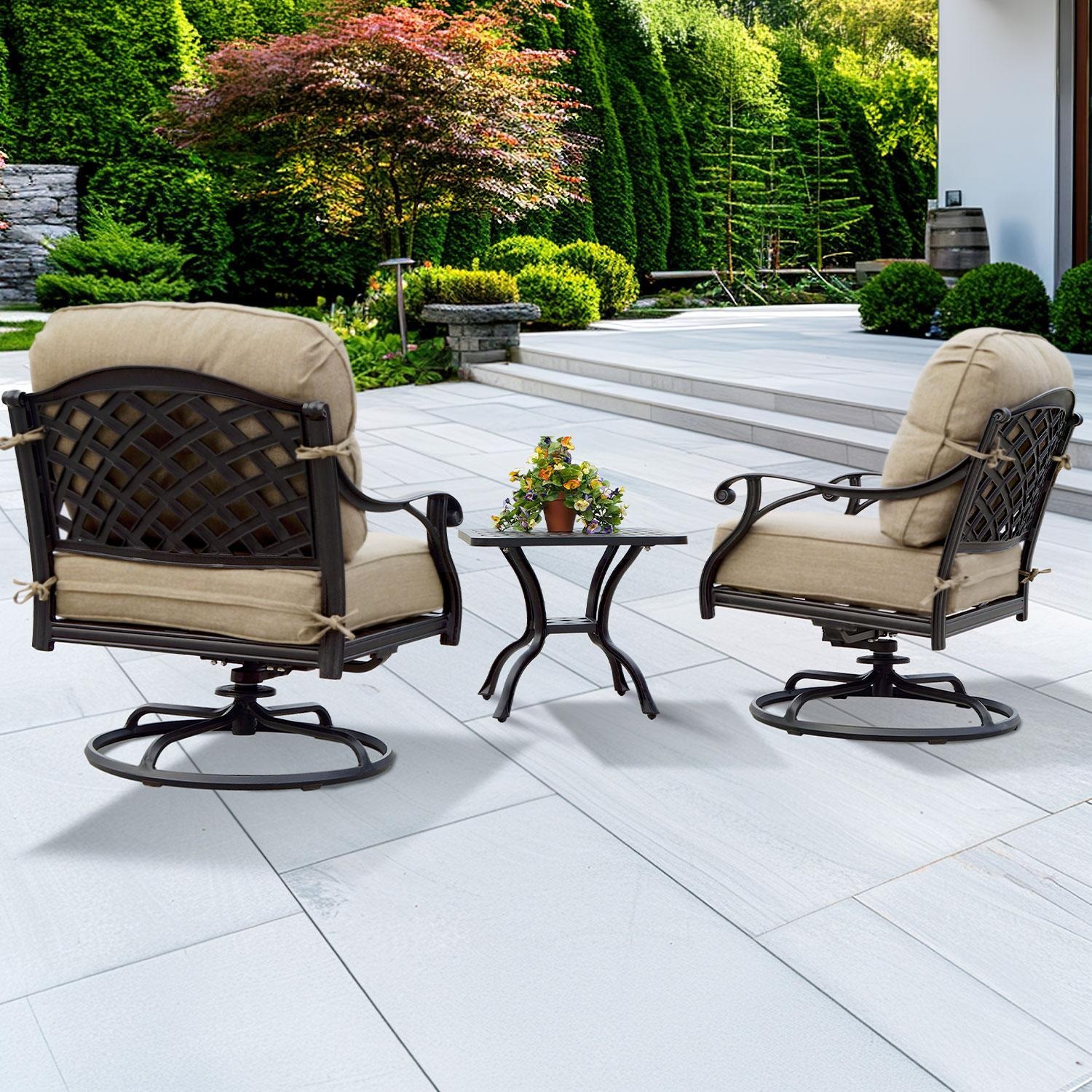 Darlee Nassau 3 Pc Cast Aluminum Seating Set w/ 21 Inch Square Series 30 End Table & Swivel Rockers in Antique Bronze/Beige Canvas by