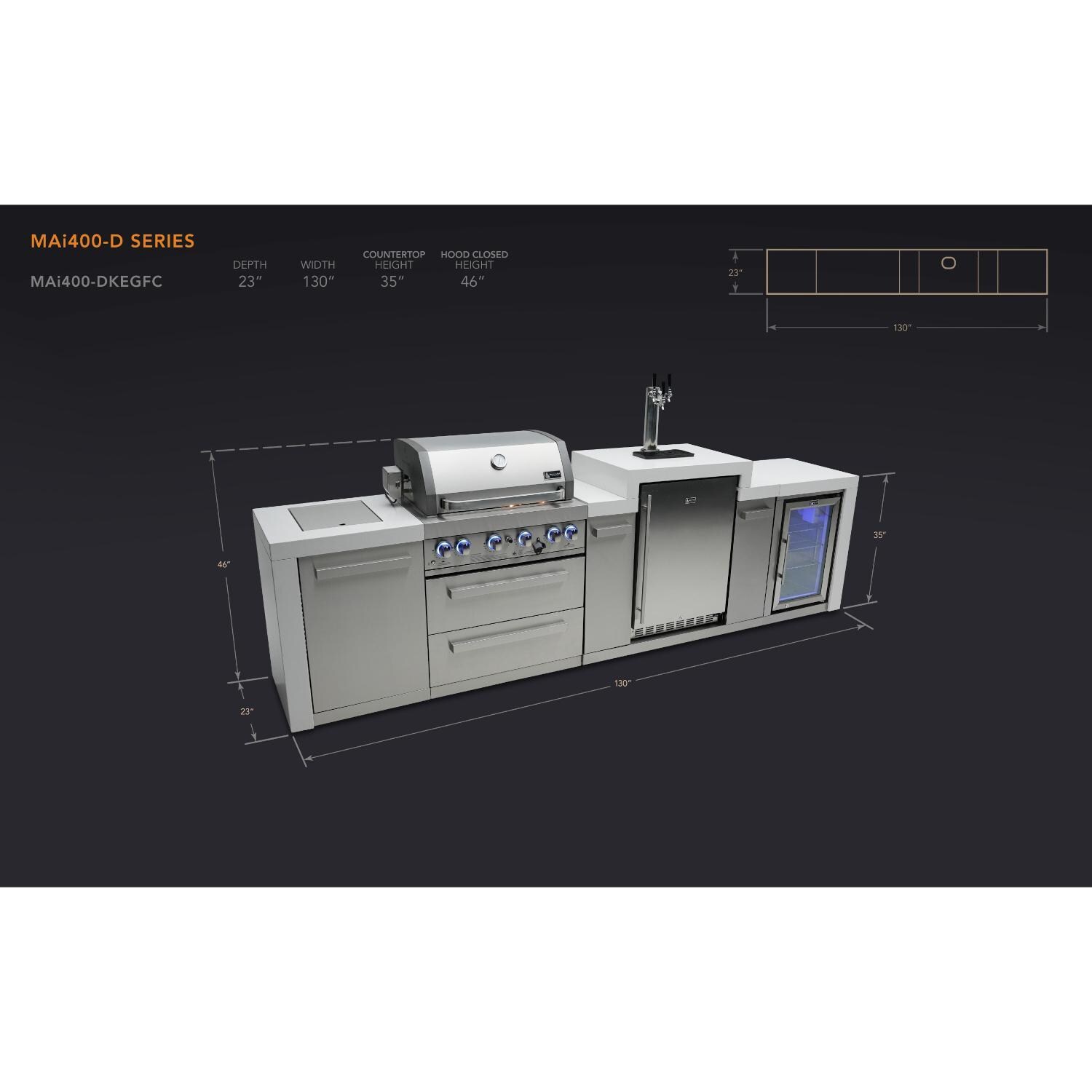 Mont Alpi MAi400-DKEGFC 400 Deluxe Propane Island W/ Kegerator & Fridge Cabinet - Dimensional thumbnail