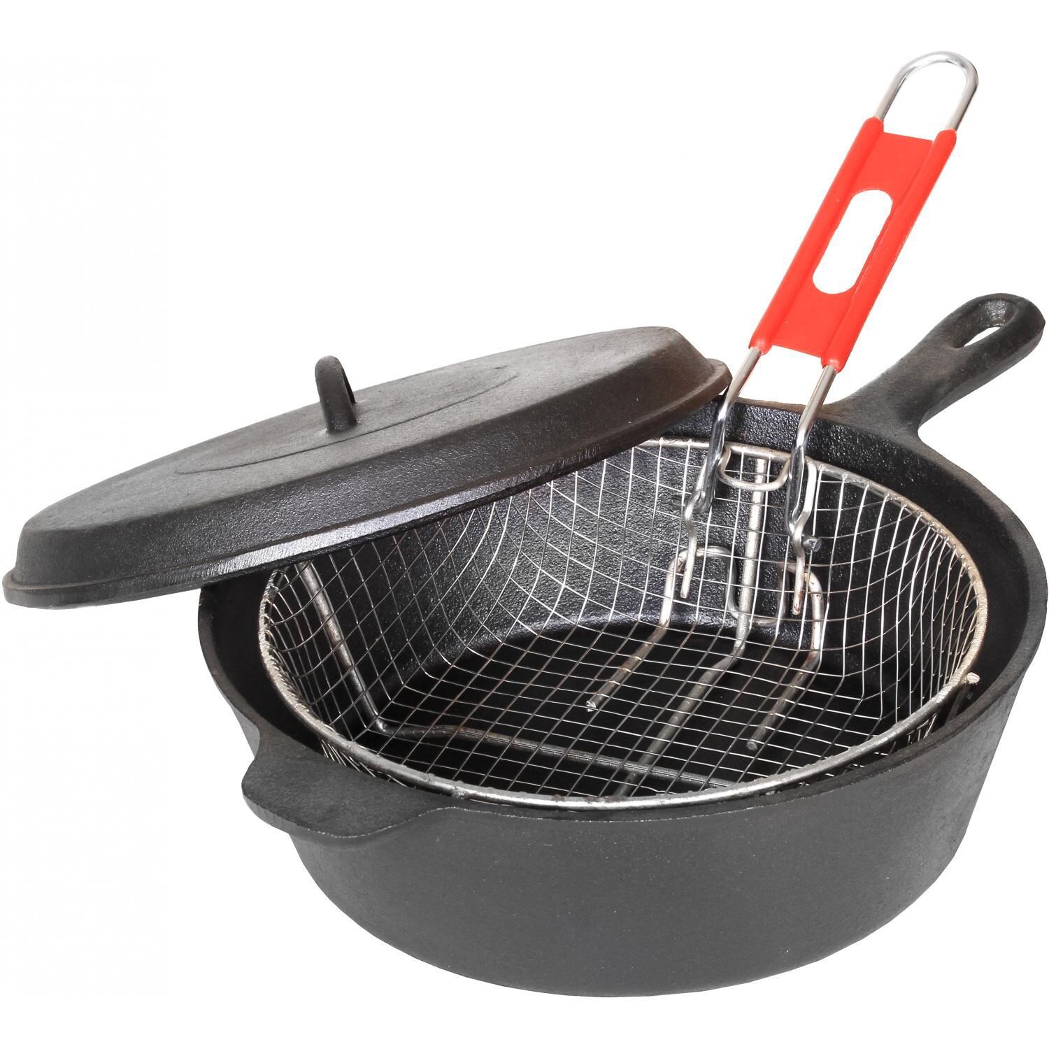 Cajun Cookware 4-Quart Seasoned Cast Iron Chicken Fryer With Basket - Open View thumbnail