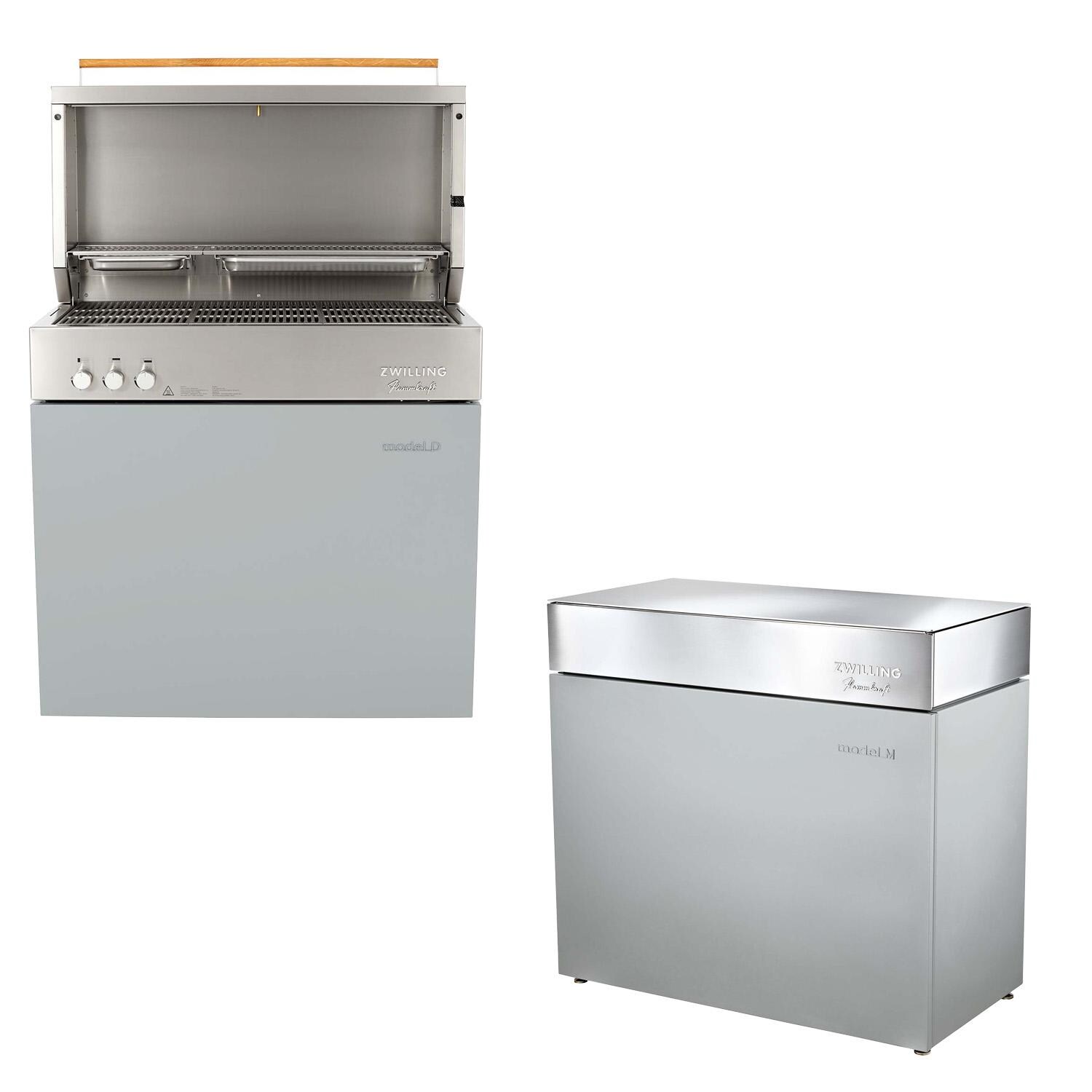 Flammkraft Model D Freestanding Natural Gas Grill & Model M Prep Center Module - Light Grey - White Background thumbnail