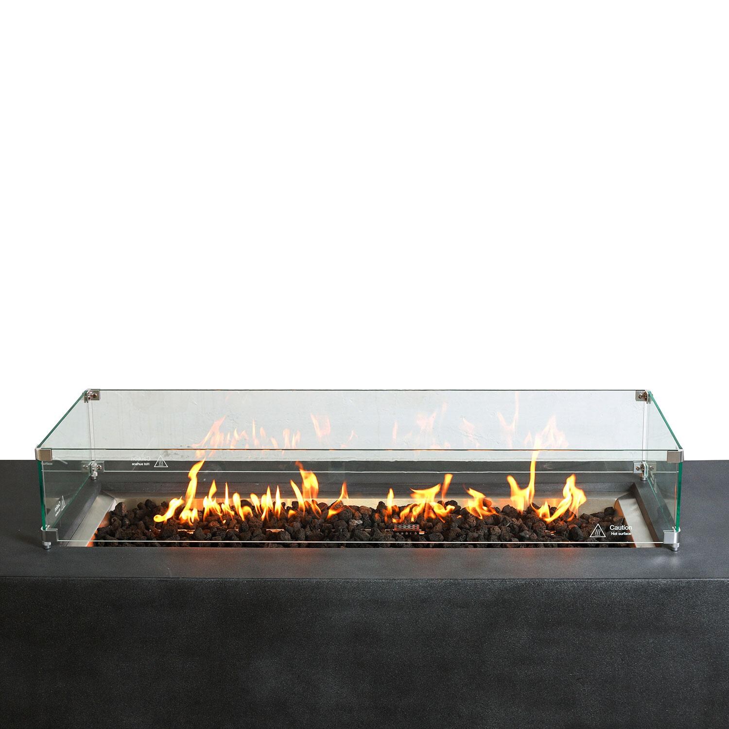 Glenwood 72-in Rectangular Concrete Natural Gas Fire Pit in Graphite by Lakeview Outdoor Designs - Glass Wind Guard - Close Up View - White Background thumbnail