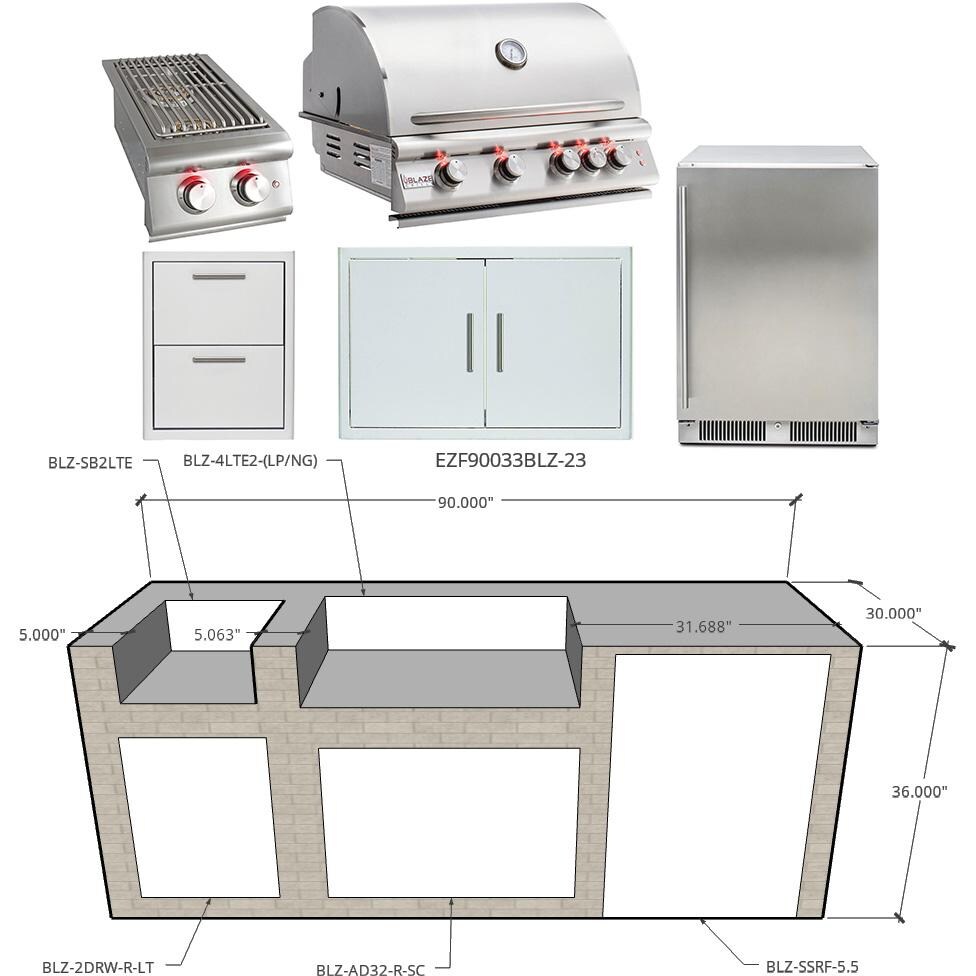 EZ Finish Systems 7 1/2 Ft Ready to Finish Outdoor Kitchen Island w/ Blaze Premium LTE 32-Inch Natural Gas Grill, Side Burner, & Refrigerator thumbnail