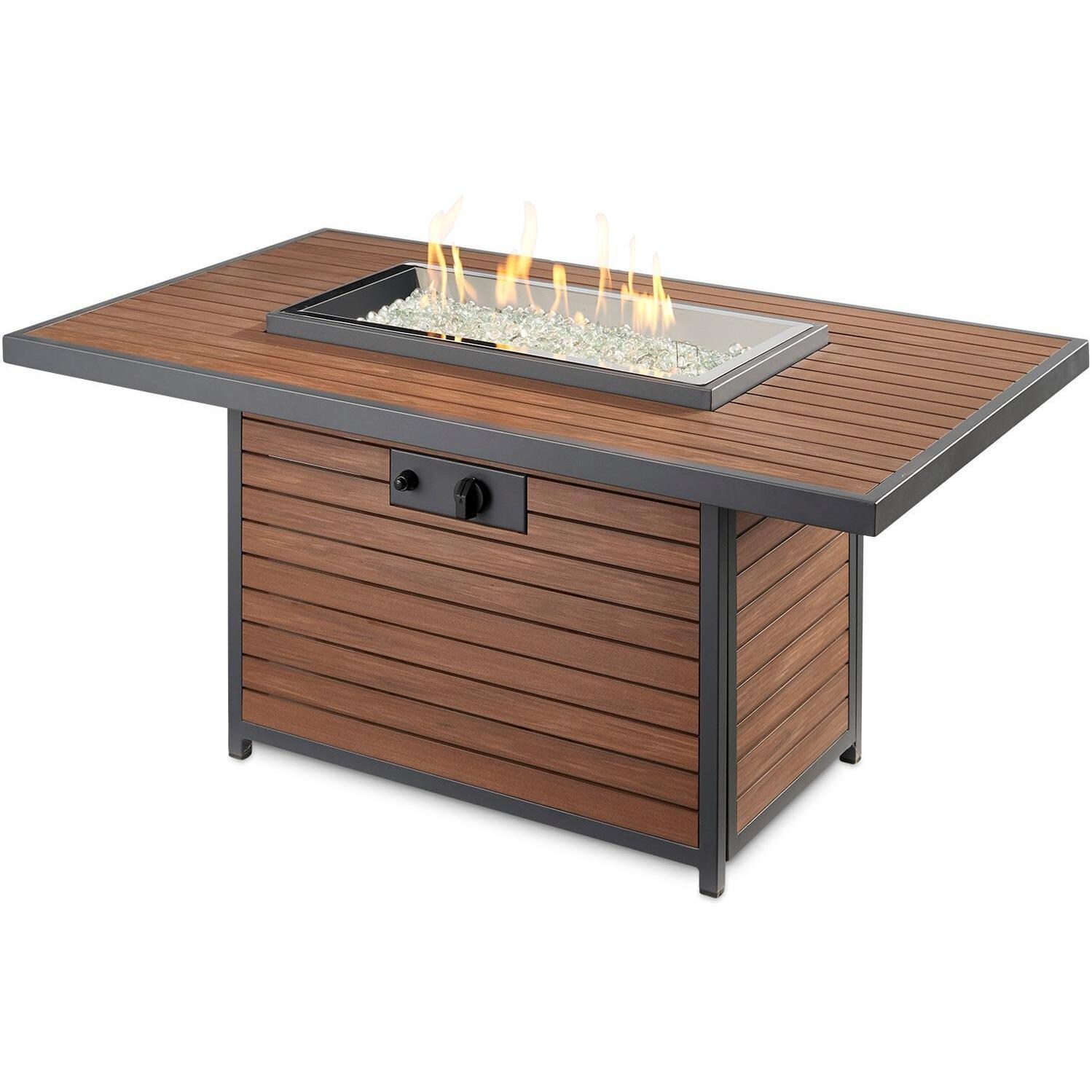 Lakeview Outdoor Designs Revere  50-Inch Rectangular Propane Gas Fire Pit Table With 24-Inch Crystal Fire Burner - Shown With Burner Lit - White Background thumbnail