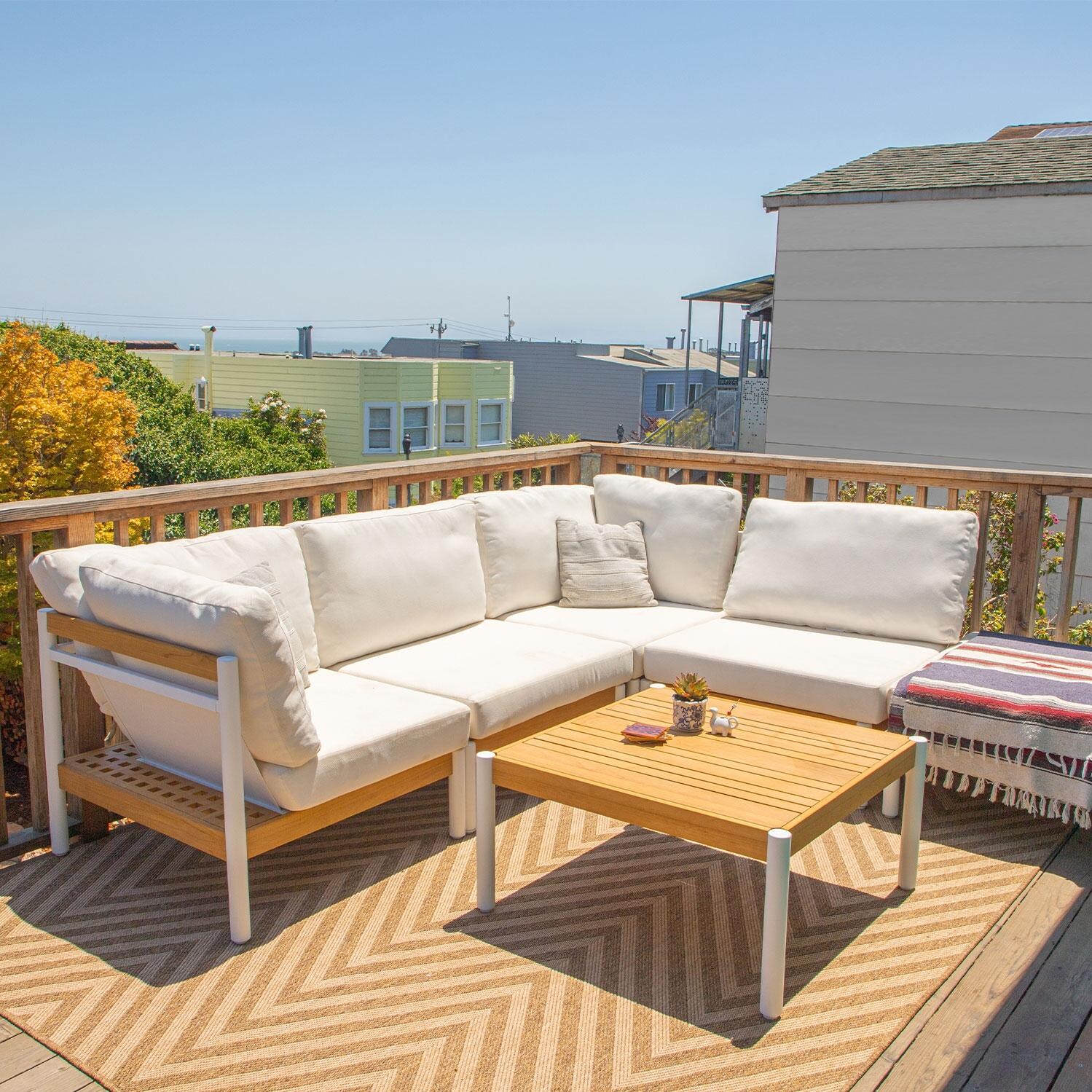 Carolton 6 Pc Aluminum Seating Set in White & Wood By Lakeview Outdoor Designs - Patio - Lifestyle thumbnail