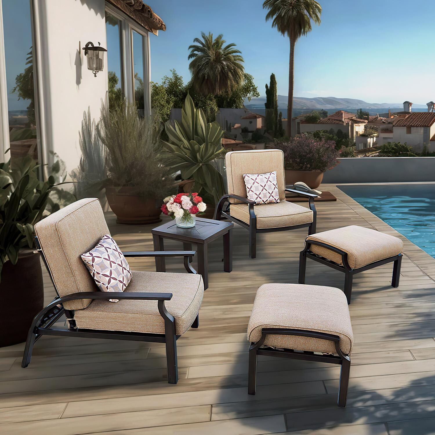 Darlee Brooklyn 5-Piece Patio Adjustable Club Chair and Ottoman Lounge Set with Cushions and 21 Inch Square End Table - Set Front - Lifestyle thumbnail