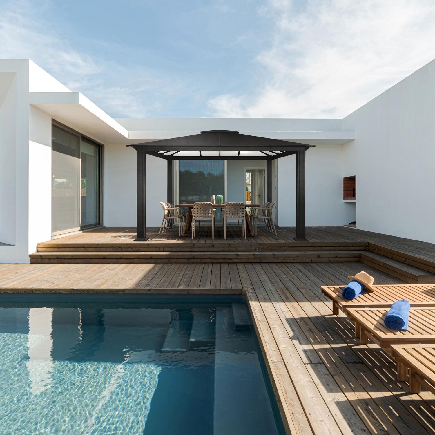 Paragon Outdoor GZH3-1212BKA Santa Monica 12' x 12' Aluminum Hard Top Gazebo - By the Pool - Lifestyle thumbnail