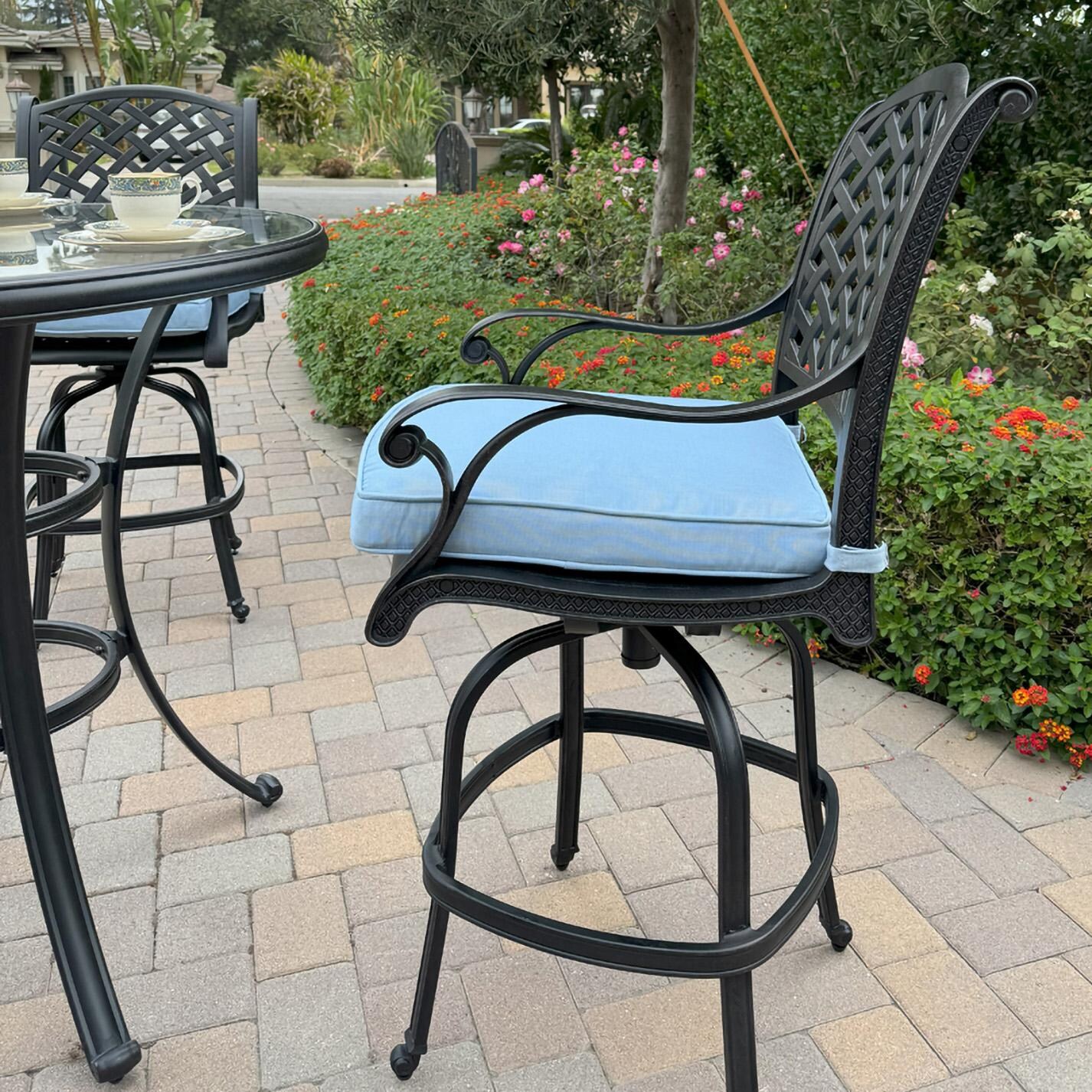 Darlee B/DL13-5PC-50F-B Nassau 5 Pc Cast Aluminum Bar Set in Antique Bronze w/ Blue Cushions - Chair Side - Lifestyle thumbnail