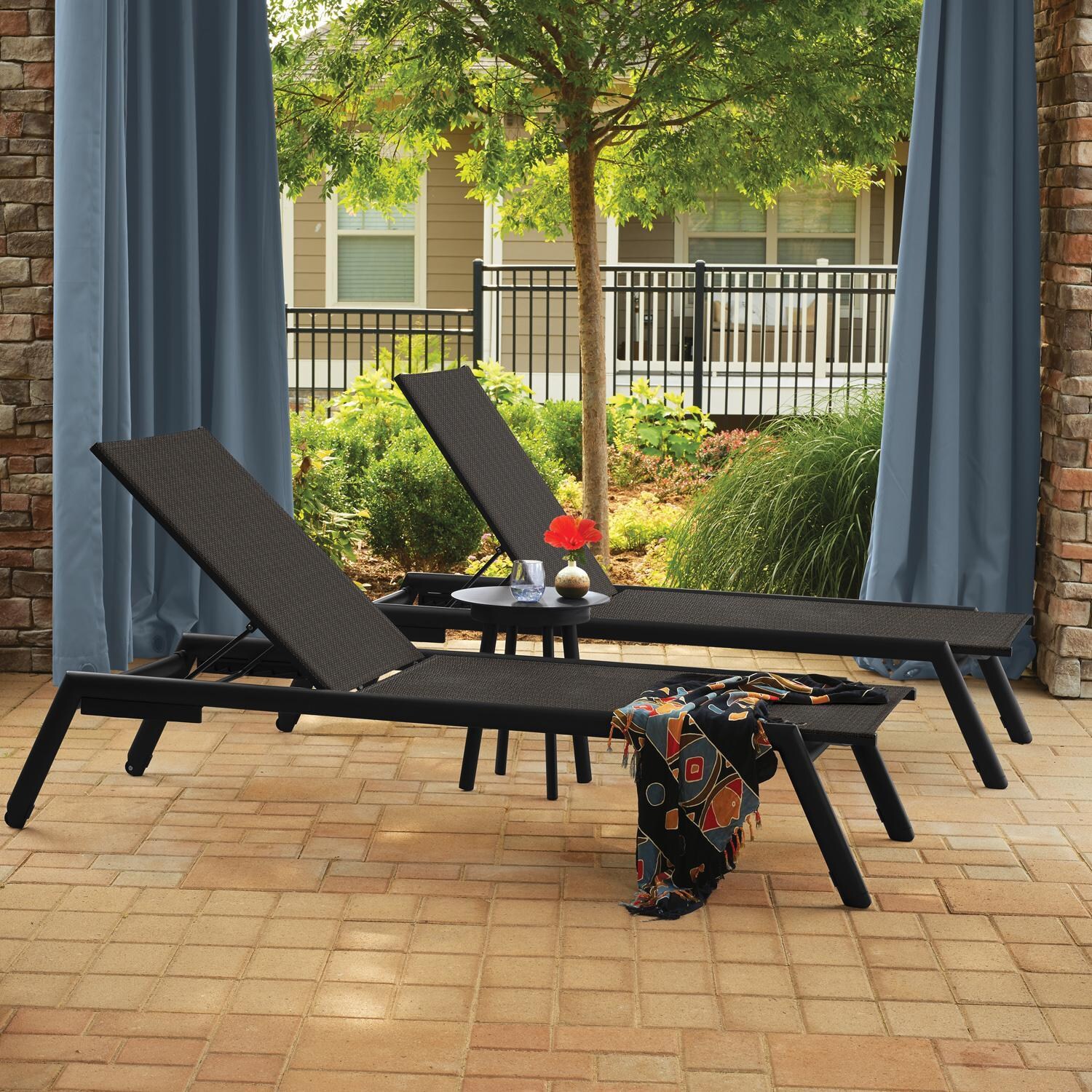 Oxford Garden Eiland 2 Pc Aluminum Chaise Lounge W/ Ninja Sling in Carbon - Shown w/set (Table not included) - Lifestyle thumbnail