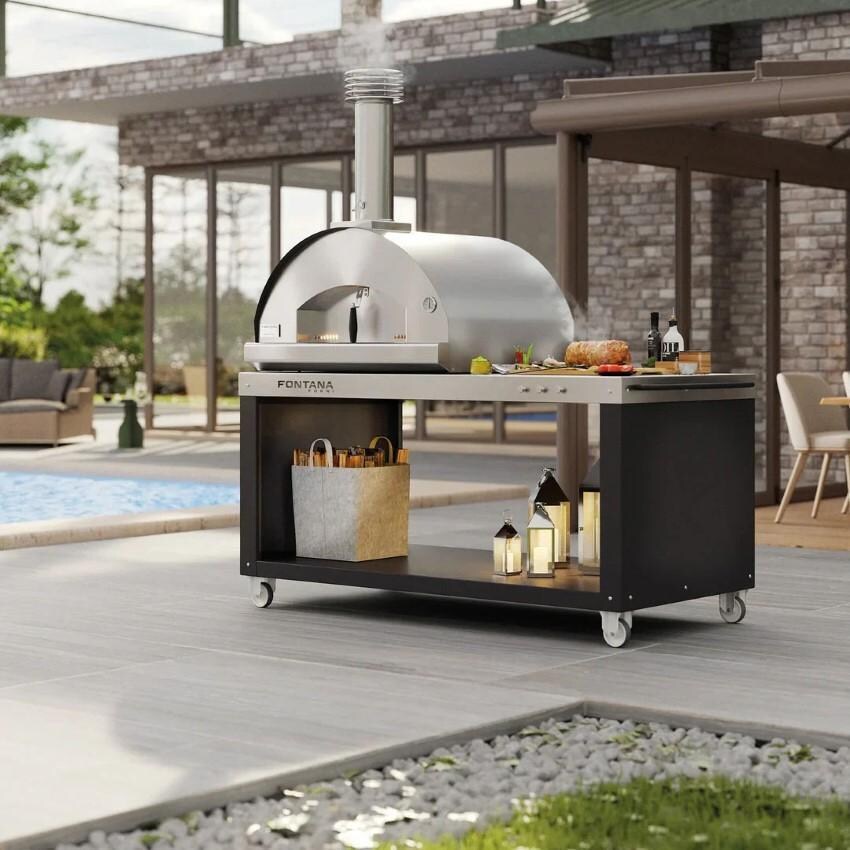 Fontana Forni FTFIR-H-S + FTCART-L Firenze Hybrid Pizza Oven on Cart - Stainless Steel - On Portable Desk (Optional) - Lifestyle thumbnail