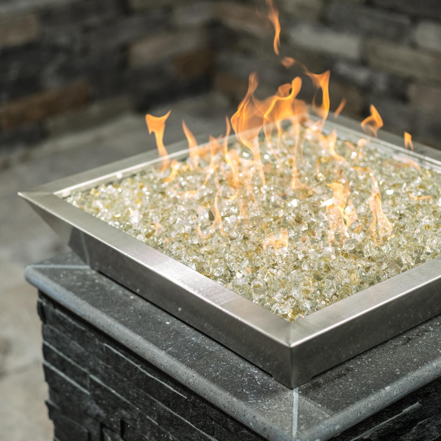 BBQGuys Signature Series Westfalen 24-Inch Square Low-Rise Natural Gas Fire Bowl - Stainless Steel - Top - Shown with 1/2 inch White Gold Reflective Fire Glass thumbnail