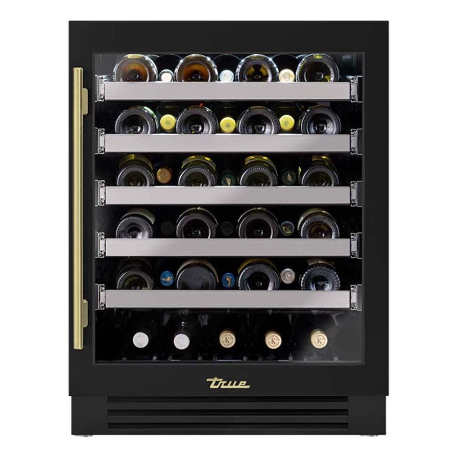 True TUWADA-24-RG-A~027-H01 ADA Height 24 Inch 40 Bottle Right Hinge Glass Door Outdoor Wine Cabinet - Matte Black w/ Brass Handle - White Background thumbnail