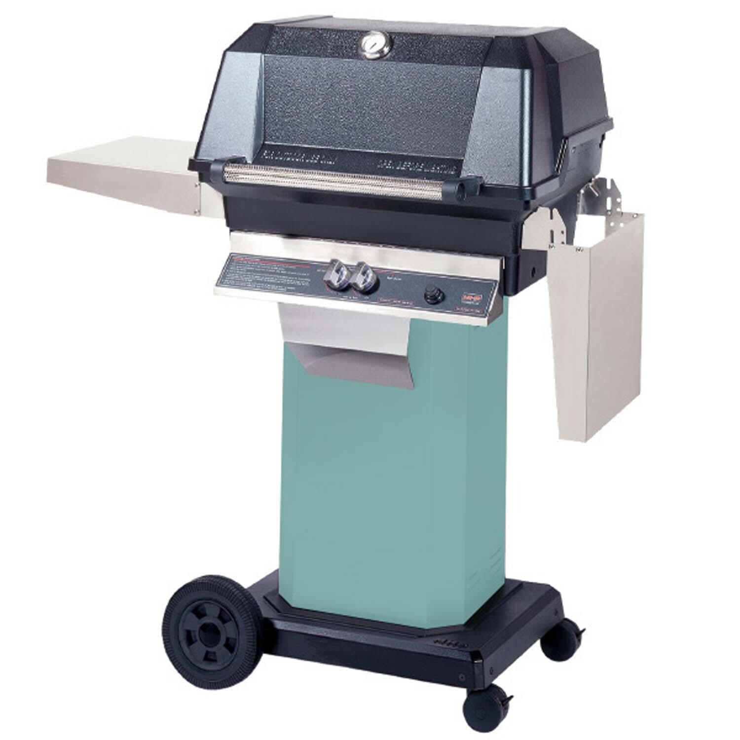 MHP WNK Propane Grill Head w/ Drop Down Shelves on Aqua Fire Grill Column & Portable Base w/ Locking Casters - White Background thumbnail