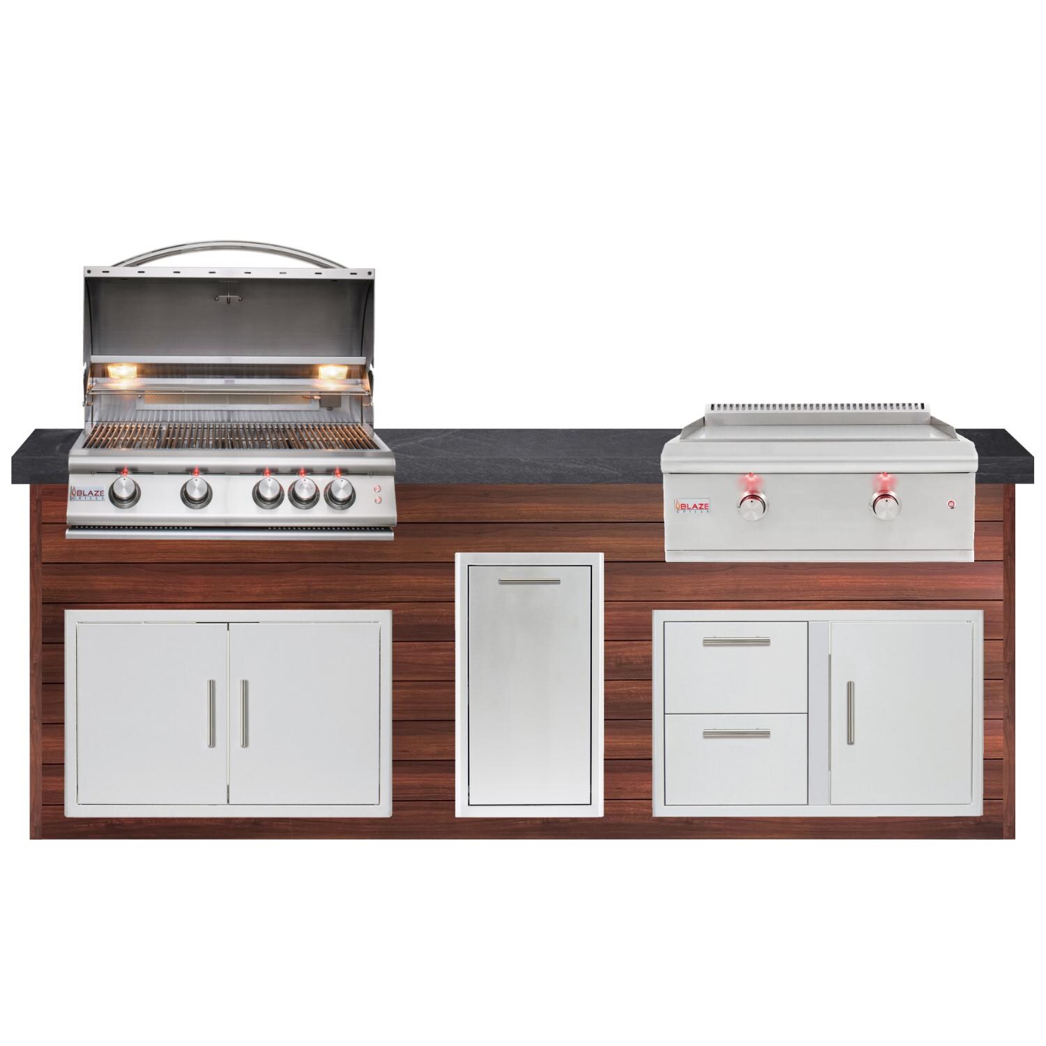 BBQGuys Signature 8ft Luxury Outdoor Island W/ Blaze Premium LTE 32-Inch Propane Grill & LTE 30-Inch Propane Griddle - Dark National Walnut Aluminum W/ Black Polished Granite thumbnail