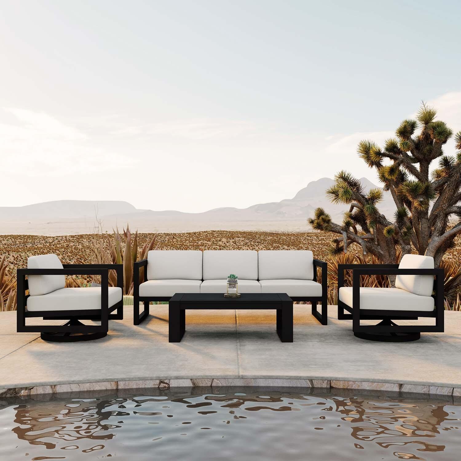 Misty Cove 4 Pc Aluminum Sofa Seating Set w/ Swivel Chairs in Black/Canvas Natural by Lakeview Outdoor Designs - Lifestyle thumbnail