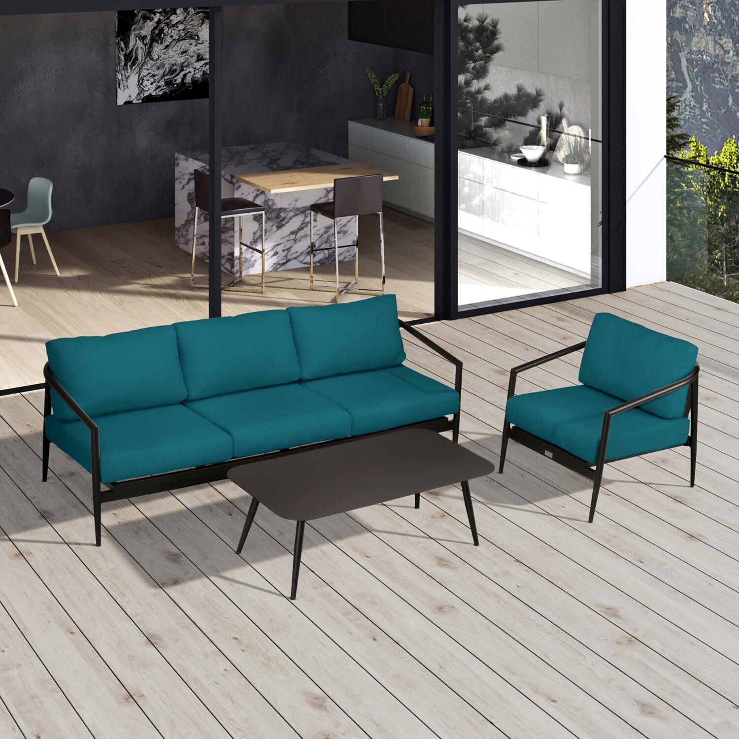Lakeview Midnight Cove 3 Pc Aluminum Sofa Seating Set in Black/Carbon/Spectrum Peacock - Top - Lifestyle thumbnail