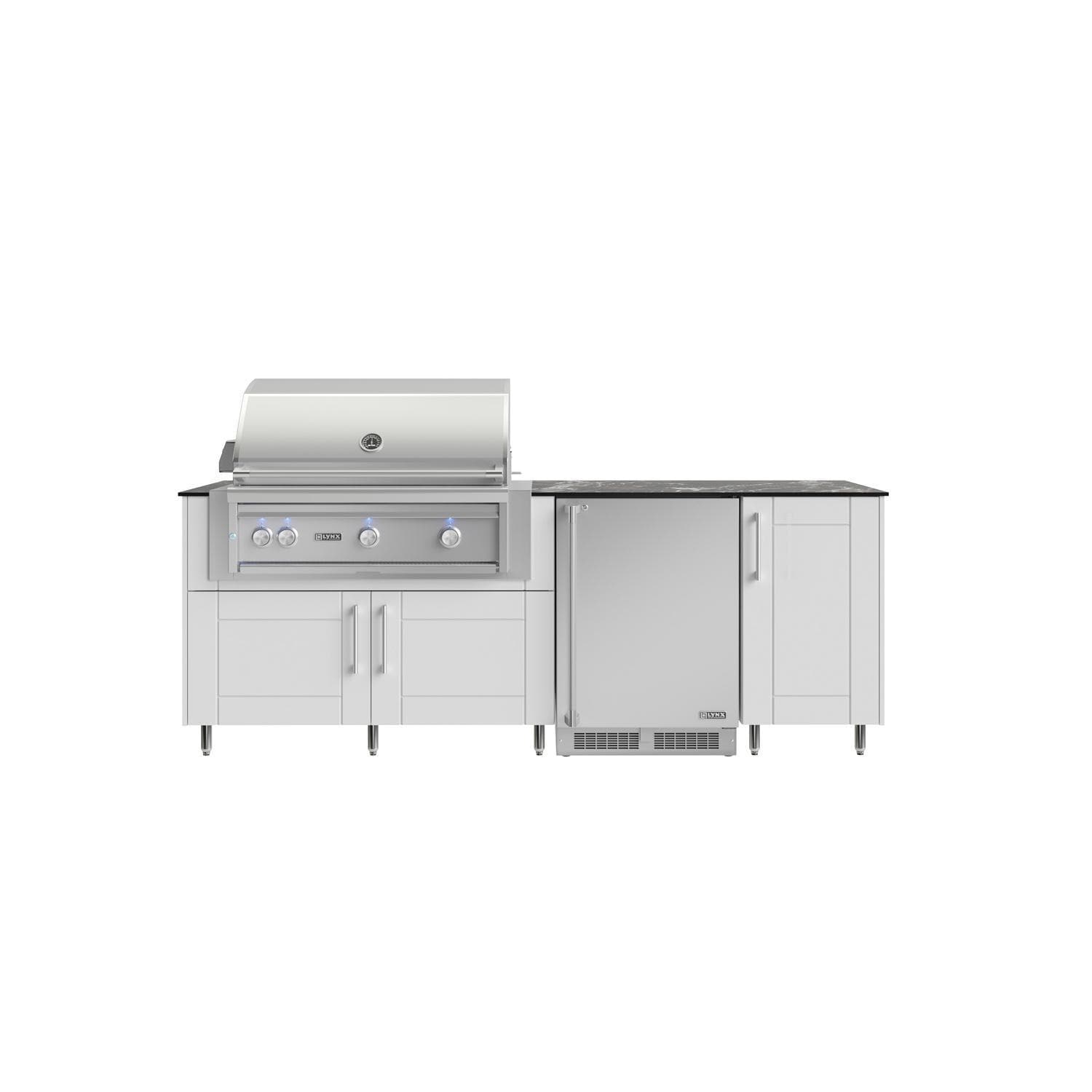 WeatherStrong Bimini 7 1/2 Ft Outdoor Kitchen Island w/ Lynx Propane Grill & Refrigerator in Shell White/Midnight Ice