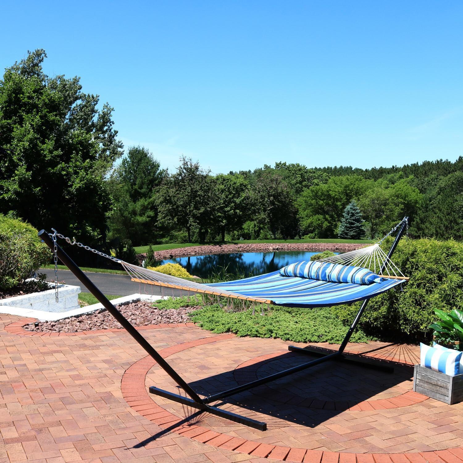 Ultimate Patio Quilted Double Hammock w/ 15-Foot Steel Beam Stand & Pillow - Misty Beach - Lifestyle thumbnail