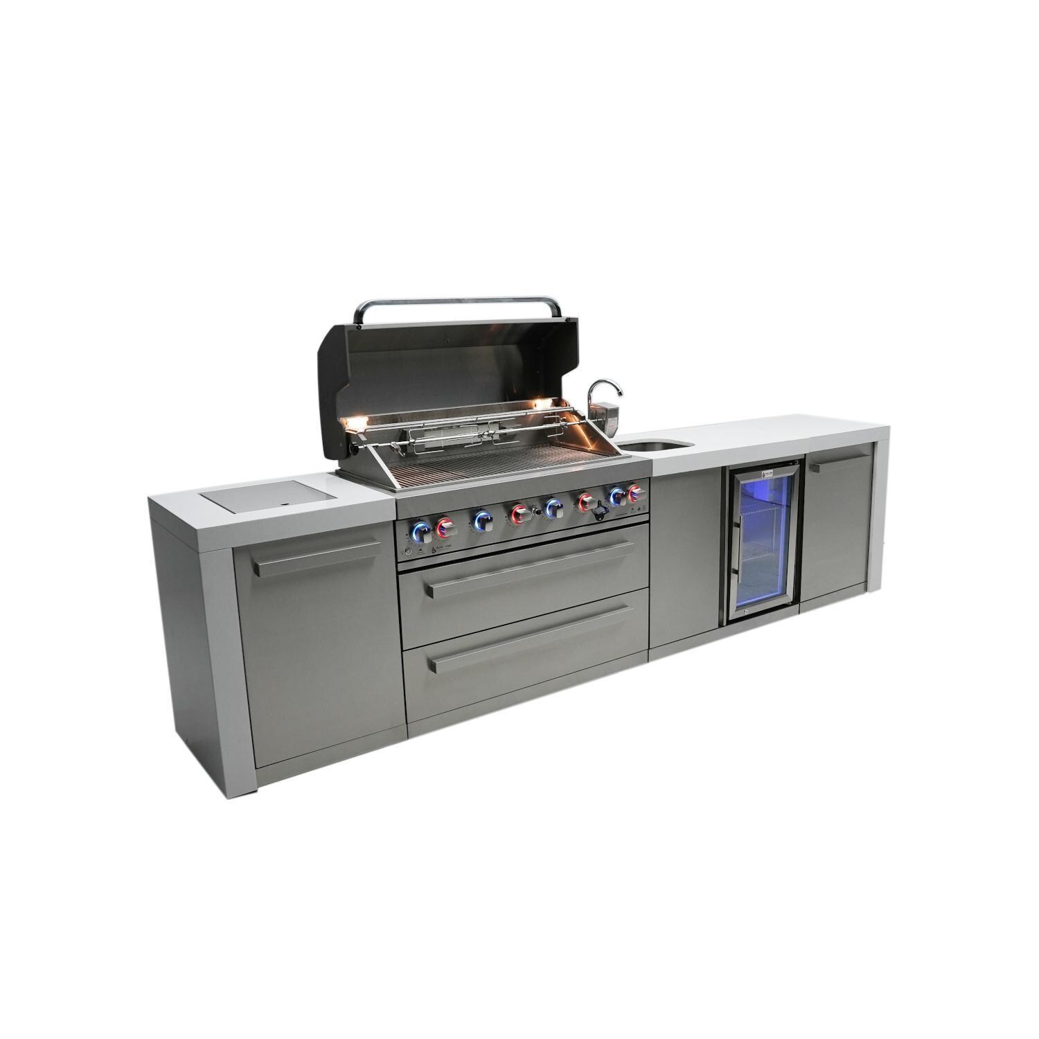 Mont Alpi MAi805-DBEV Deluxe Natural Gas Island Grill W/ Beverage Center - Angled Right - Grill Open - White Background thumbnail