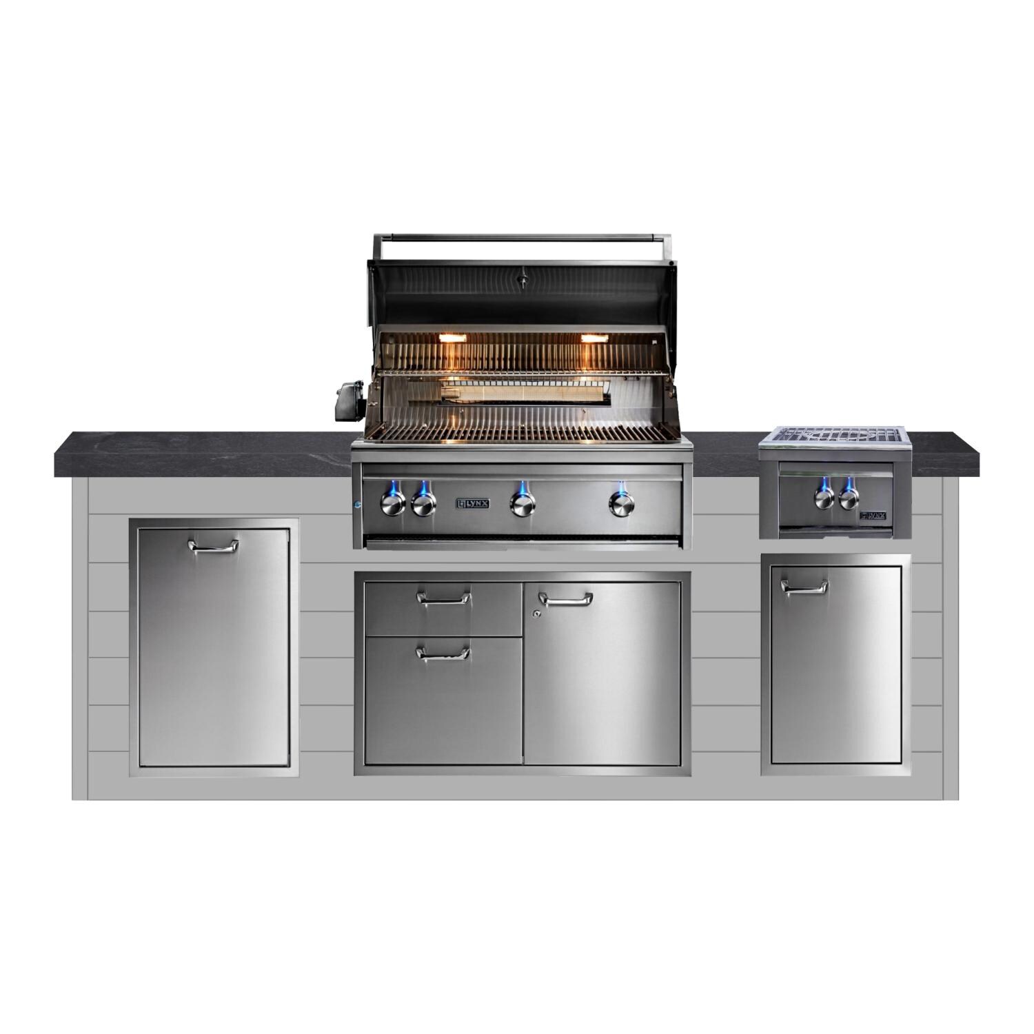 BBQGuys Signature 8ft Luxury Outdoor Kitchen w/ Lynx Professional 36-Inch Natural Gas Grill & Power Burner - Light Gray Steel w/ Black Polished Granite