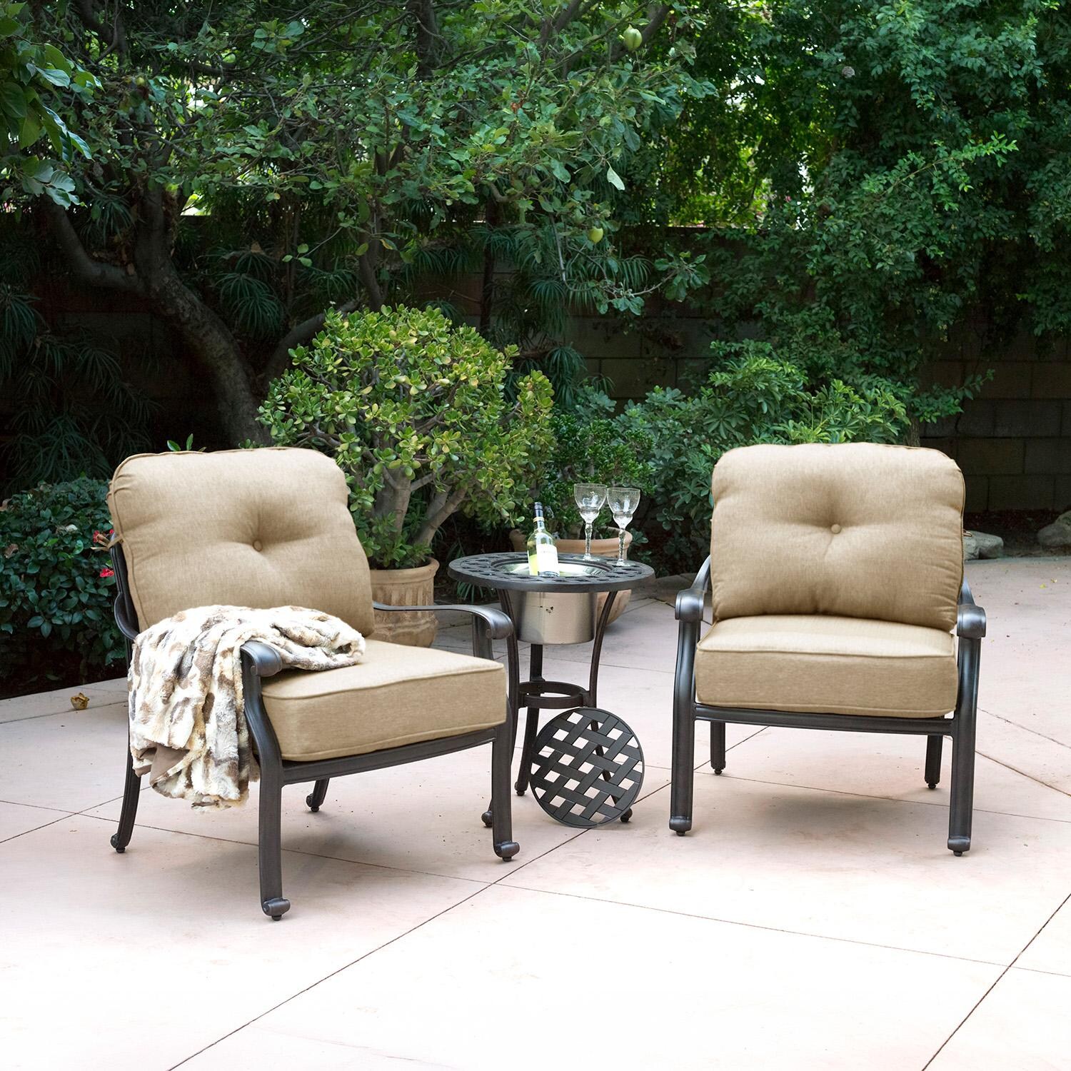 Darlee Elisabeth 3 Pc Cast Aluminum Seating Set w/ 21 Inch Round Series 30 Ice Bucket End Table in Antique Bronze/Beige - Set - Lifestyle thumbnail