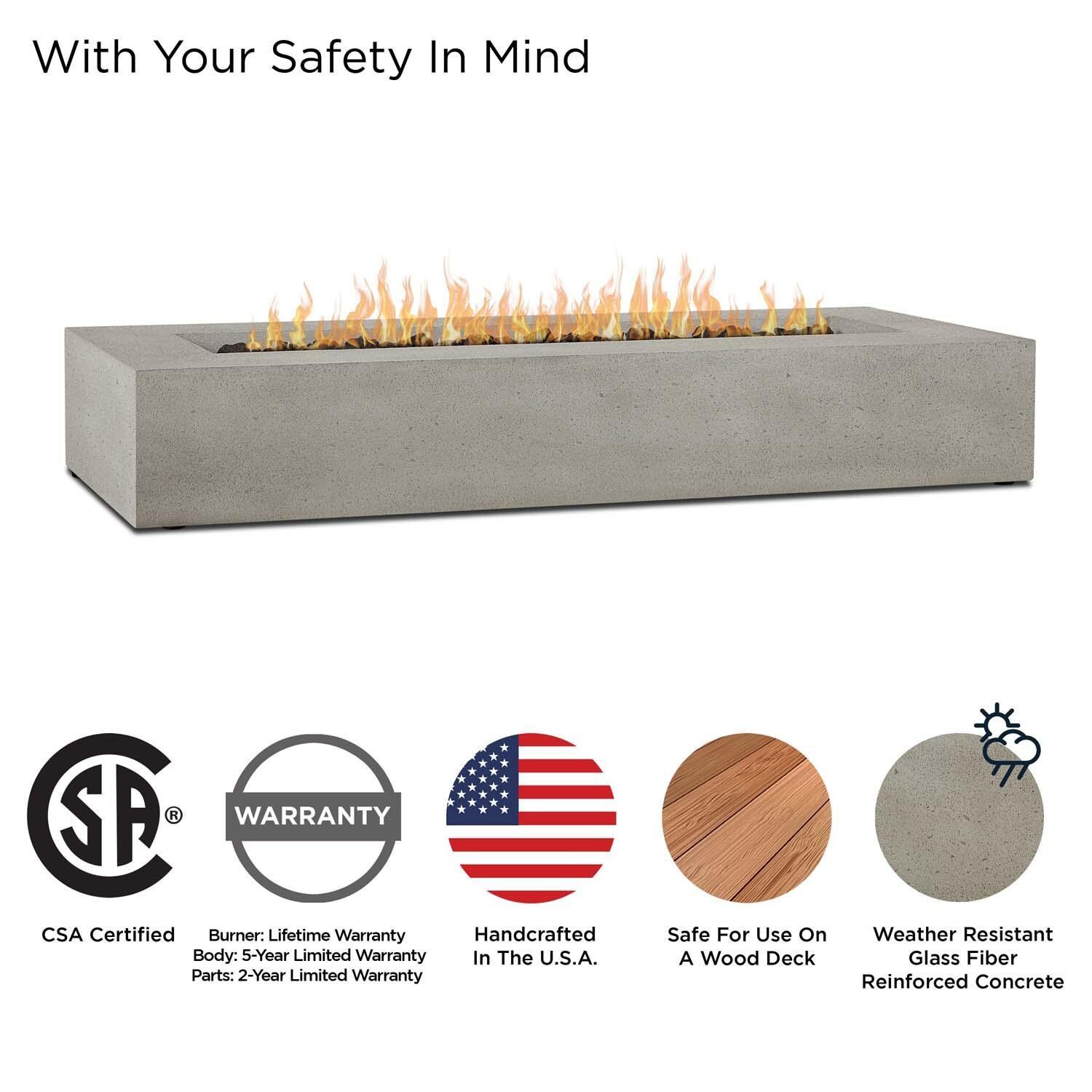 Hillview Bay 72 Inch Rectangular Glass Fiber Reinforced Concrete Propane Fire Pit Table in Flint by BBQGuys Signature - Safety thumbnail