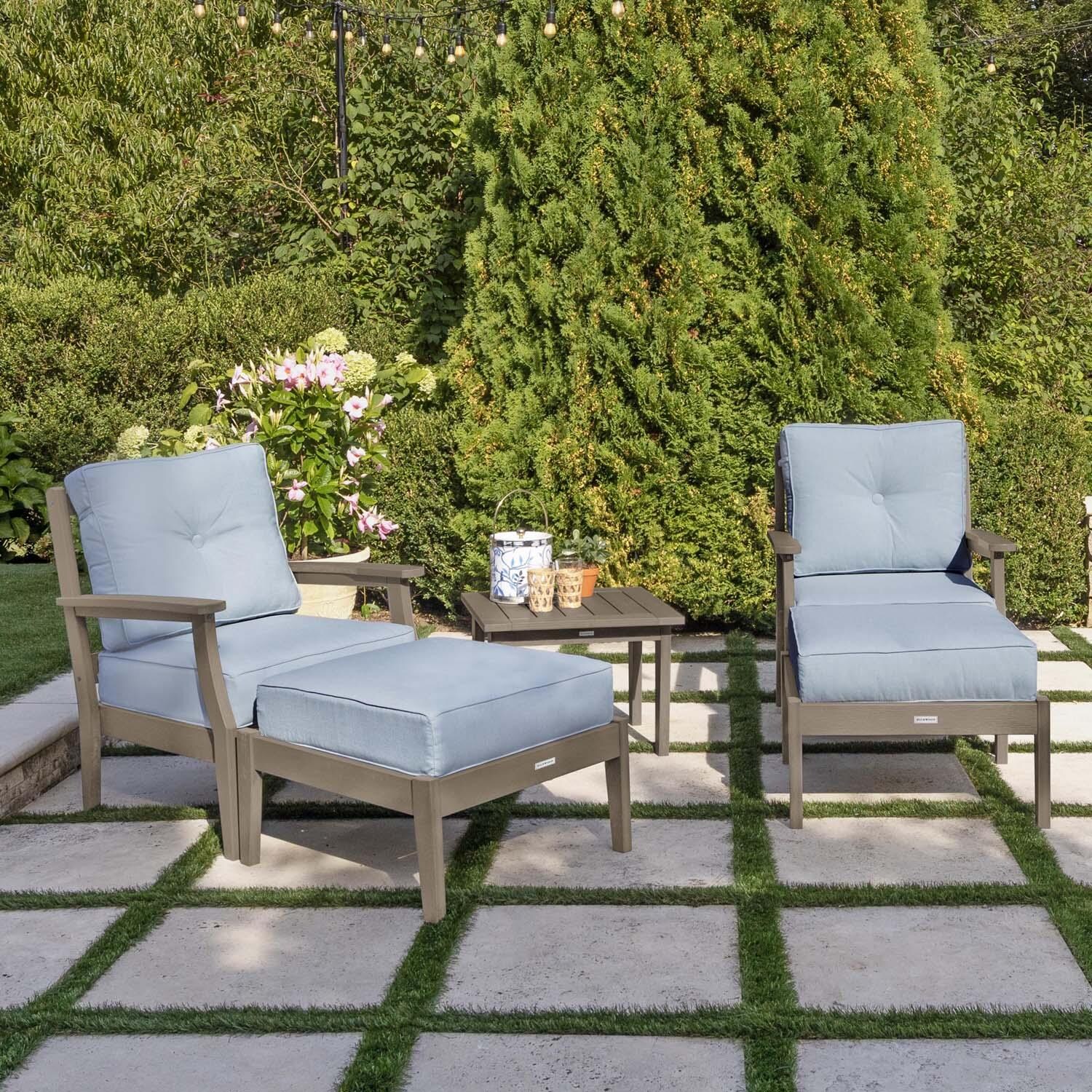 Blushing Bay 5 Pc Recycled Plastic Seating Set in Bliss Dew/Woodland Brown by Lakeview Outdoor Designs - Left Angled - Lifestyle thumbnail