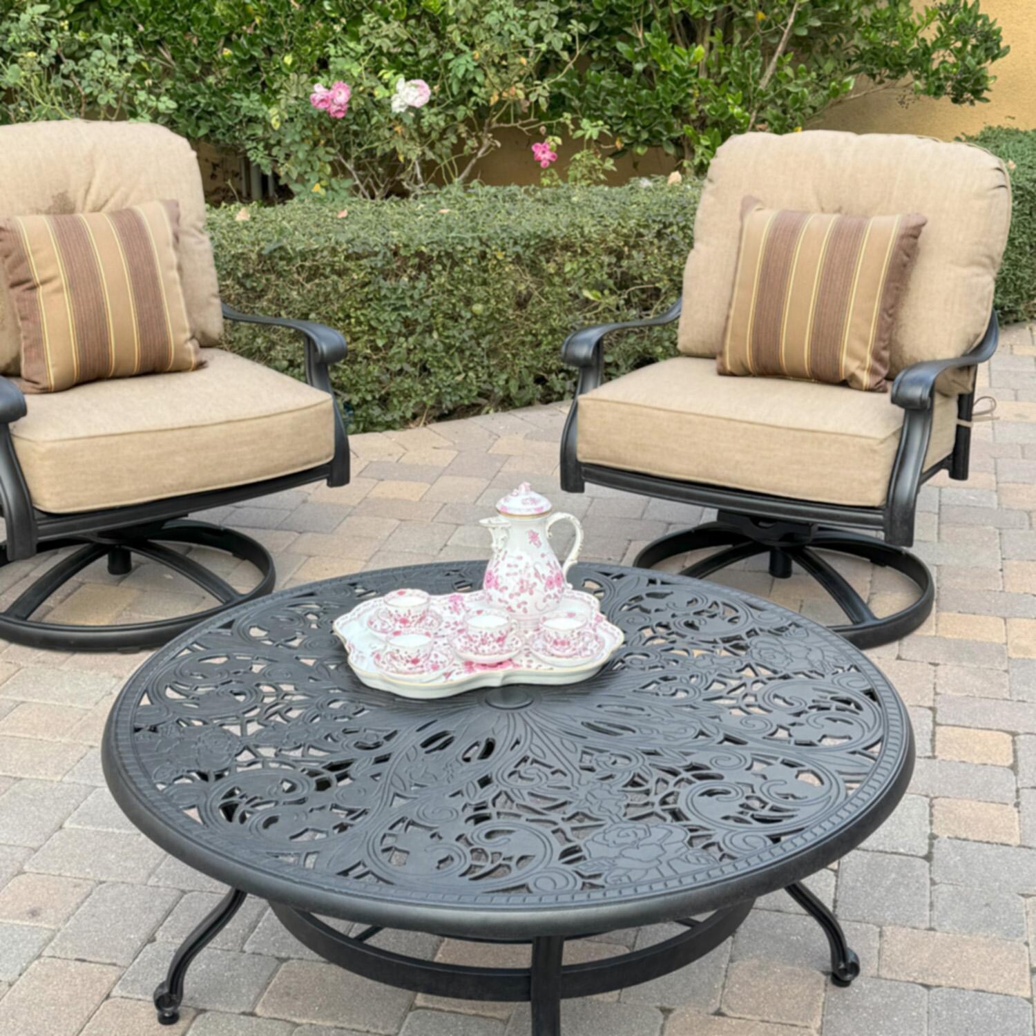 Darlee Elisabeth 5 Pc Cast Aluminum Seating Set w/ Swivel Rocker Chairs in Antique Bronze/Beige - Table - Lifestyle thumbnail