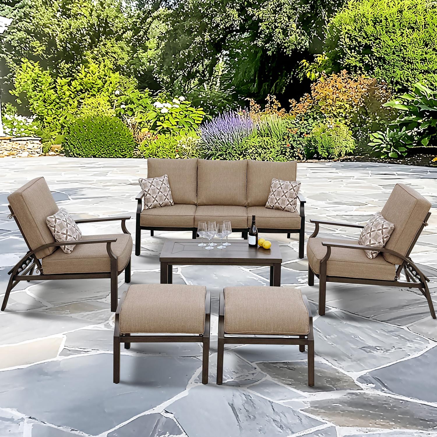 Darlee Brooklyn 6 Pc Aluminum Seating Set w/ 43 X 21 Inch Table & Reclining Chairs in Multi Brown/Sesame by - B/207-6PCSAJ-27BSP