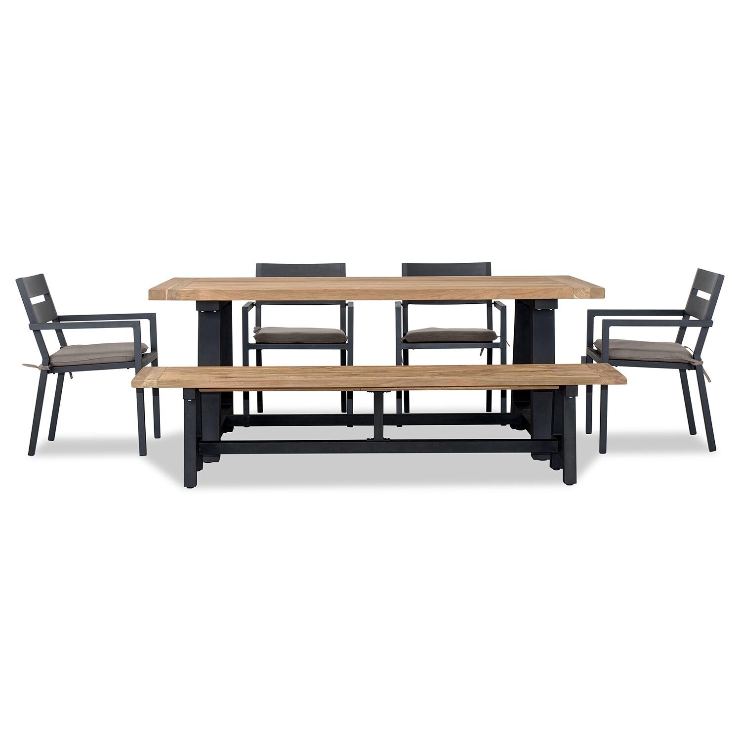 Calm Bay Mill 7 Pc Reclaimed Teak Dining Set w/ Bench in Black/Canvas Charcoal by Lakeview - White Background 3 thumbnail