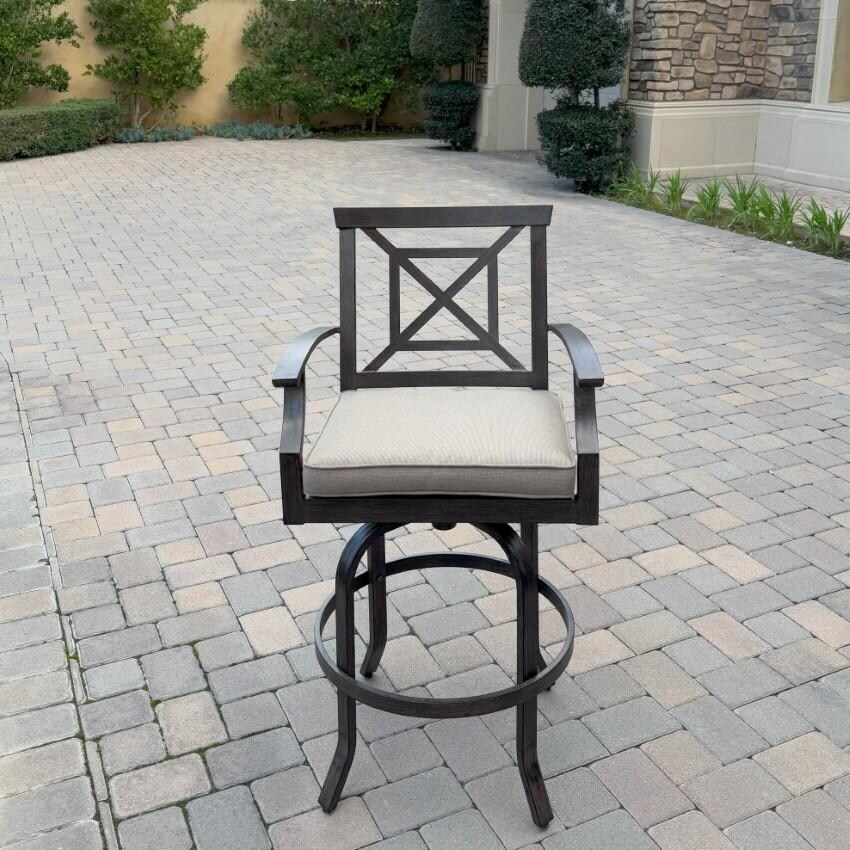 Atlantis Aluminum Swivel Bar Stool Set of 2 w/ Beige Cushions in Walnut By Darlee - Single Chair Front - Lifestyle thumbnail