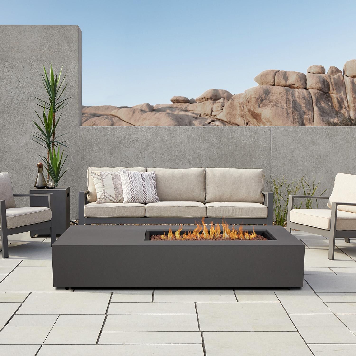 Elysian 75-in Rectangular Steel Propane Fire Pit Table in Weathered Slate by Lakeview - On Patio - Lifestyle thumbnail