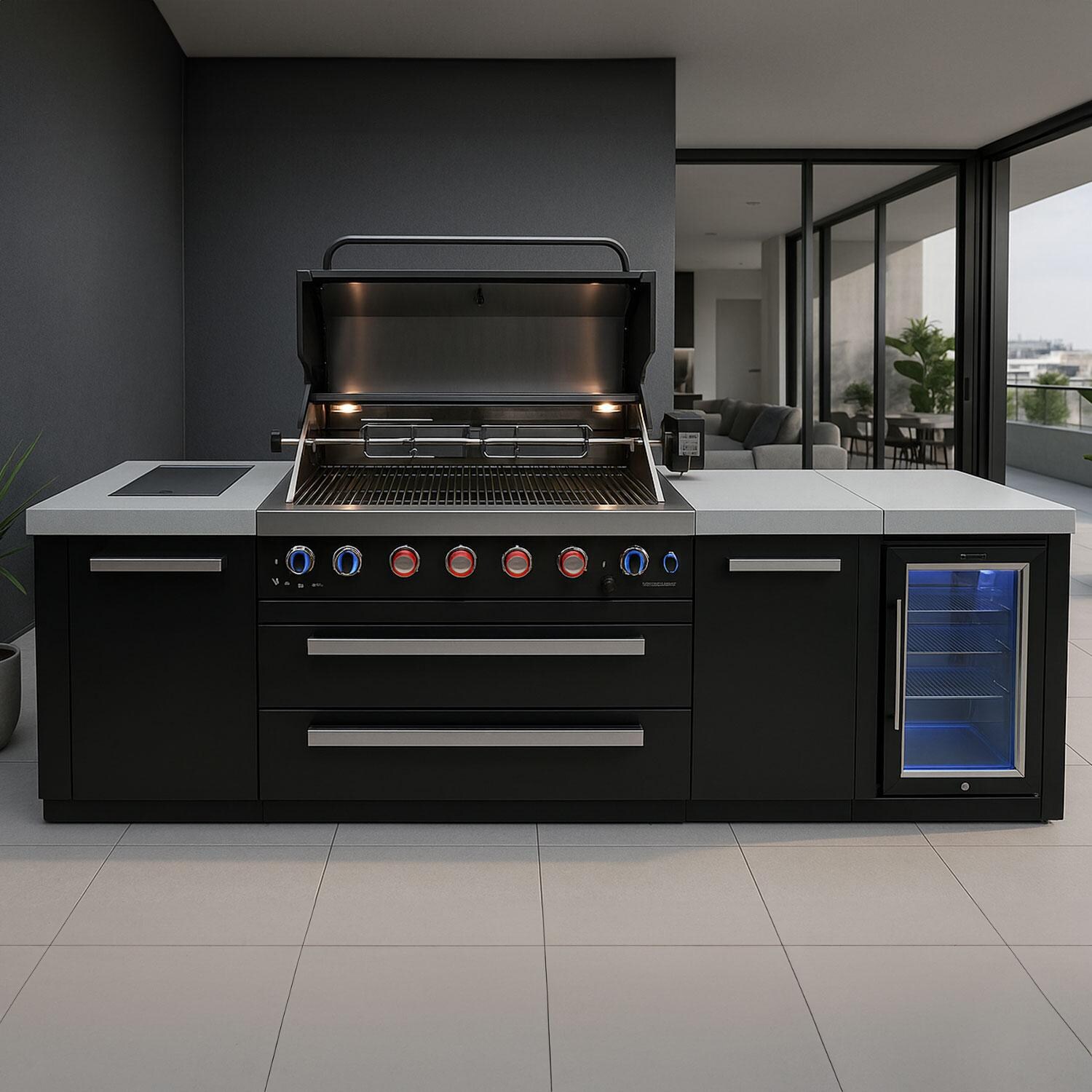 Mont Alpi Black Series 10 Ft Propane Outdoor Kitchen Island w/ Side Burner & Refrigerator - Patio - Lifestyle thumbnail