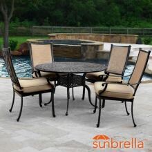 Bocage 5 Piece Cast Aluminum Sling Patio Dining Set W/ 48 Inch Round Table & Sunbrella Heather Beige Cushions By Lakeview Outdoor Designs image