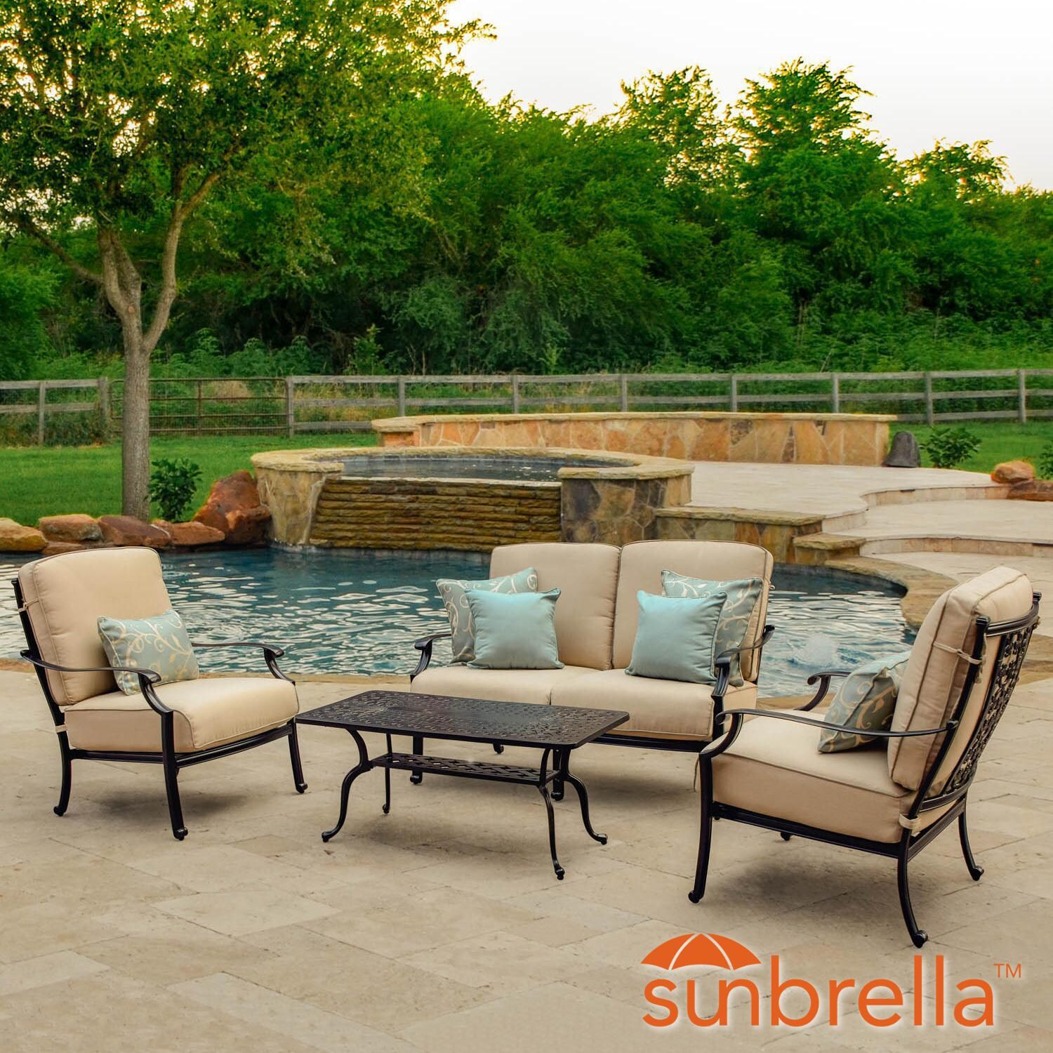 Carondelet 4 Piece Cast Aluminum Patio Conversation Set W/ Loveseat & Sunbrella Spectrum Sand Cushions By Lakeview Outdoor Designs thumbnail