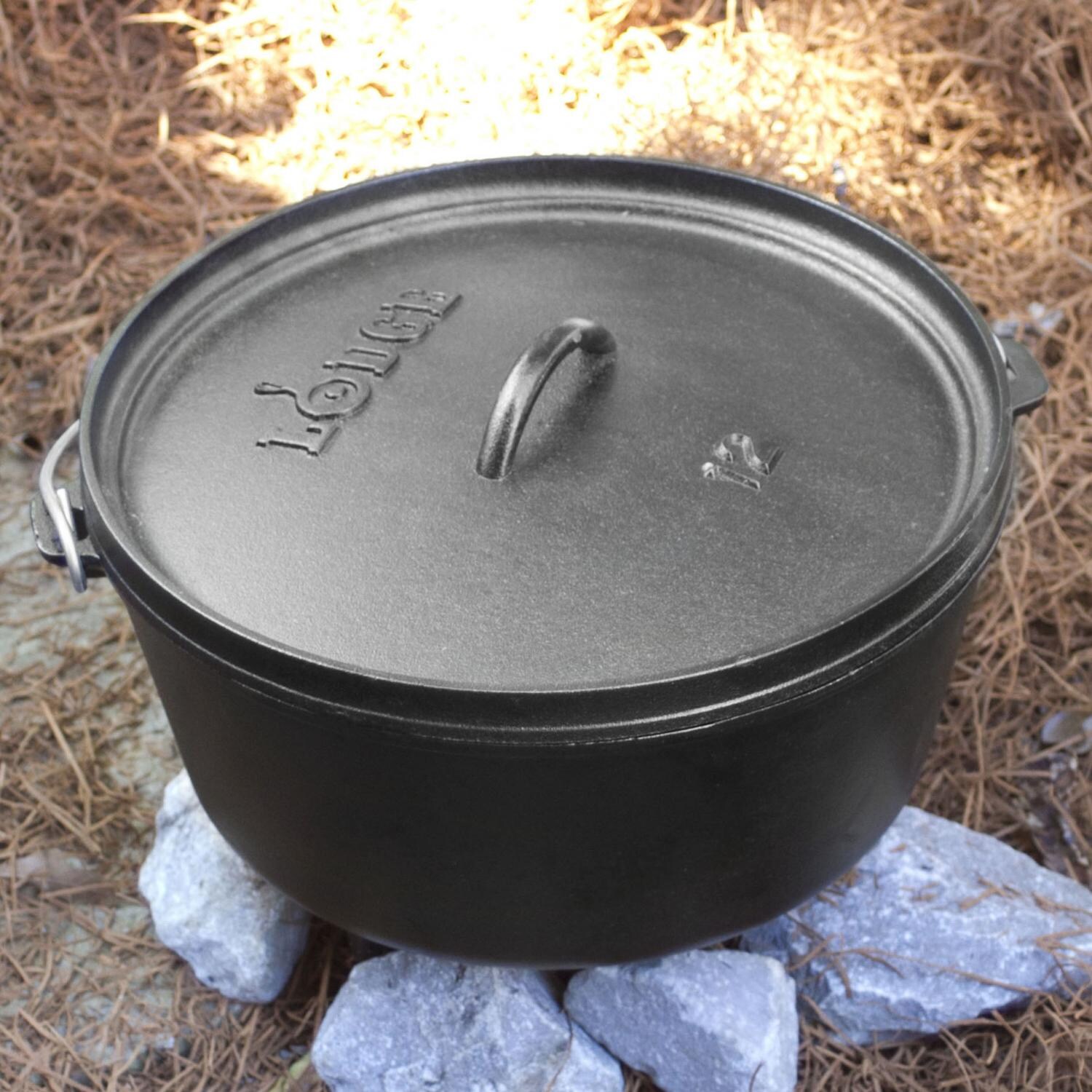 Lodge 8 Quart Seasoned Cast Iron Camping Dutch Oven - In Use thumbnail