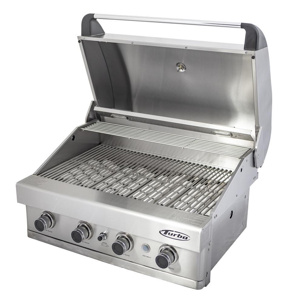 Turbo BTH3221BLP 32-Inch 4-Burner Built-In Gas Grill - Right Side Angled View With Hood Open thumbnail
