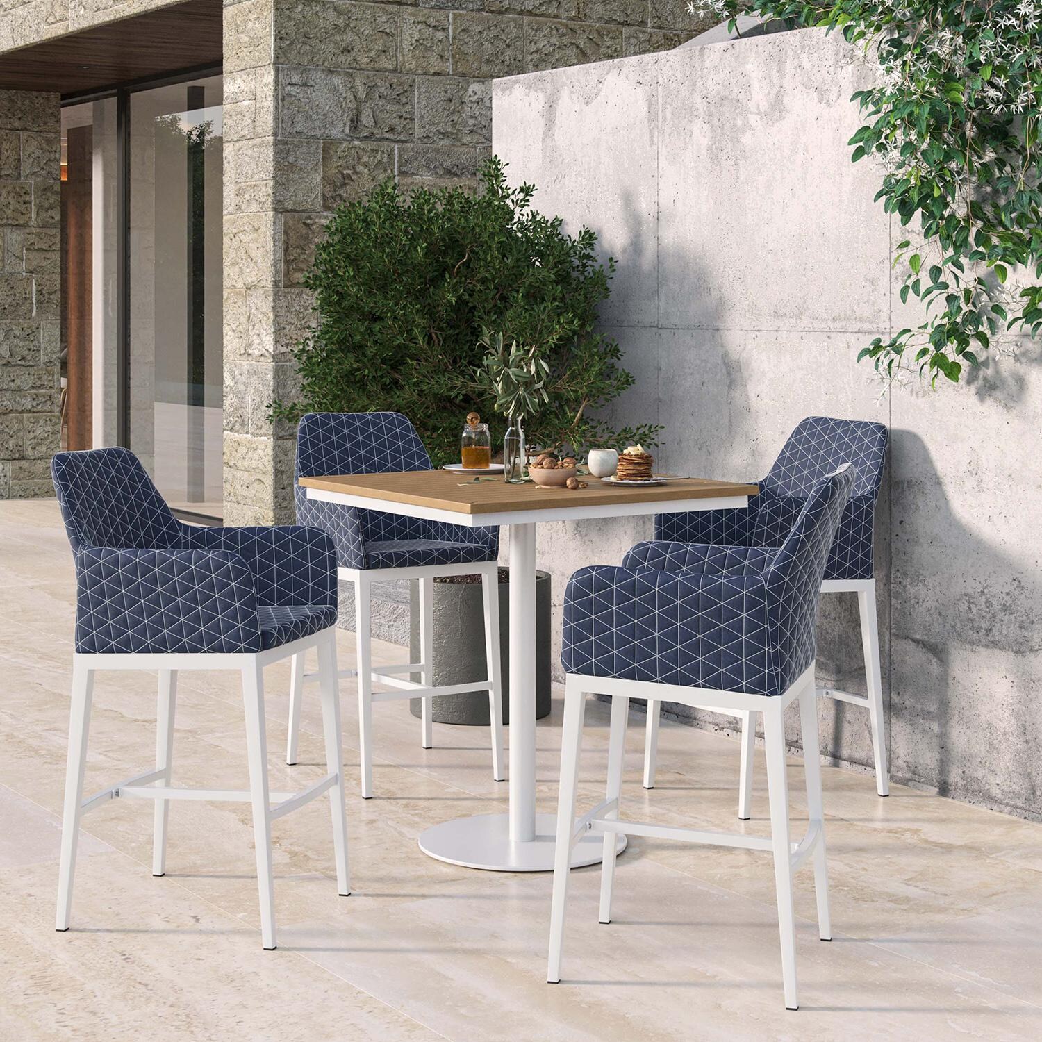 Oxford Garden Oland 5 Pc Aluminum Bar Set W/ Natural Tekwood Table Top in Chalk/Quilted Spectrum Indigo thumbnail