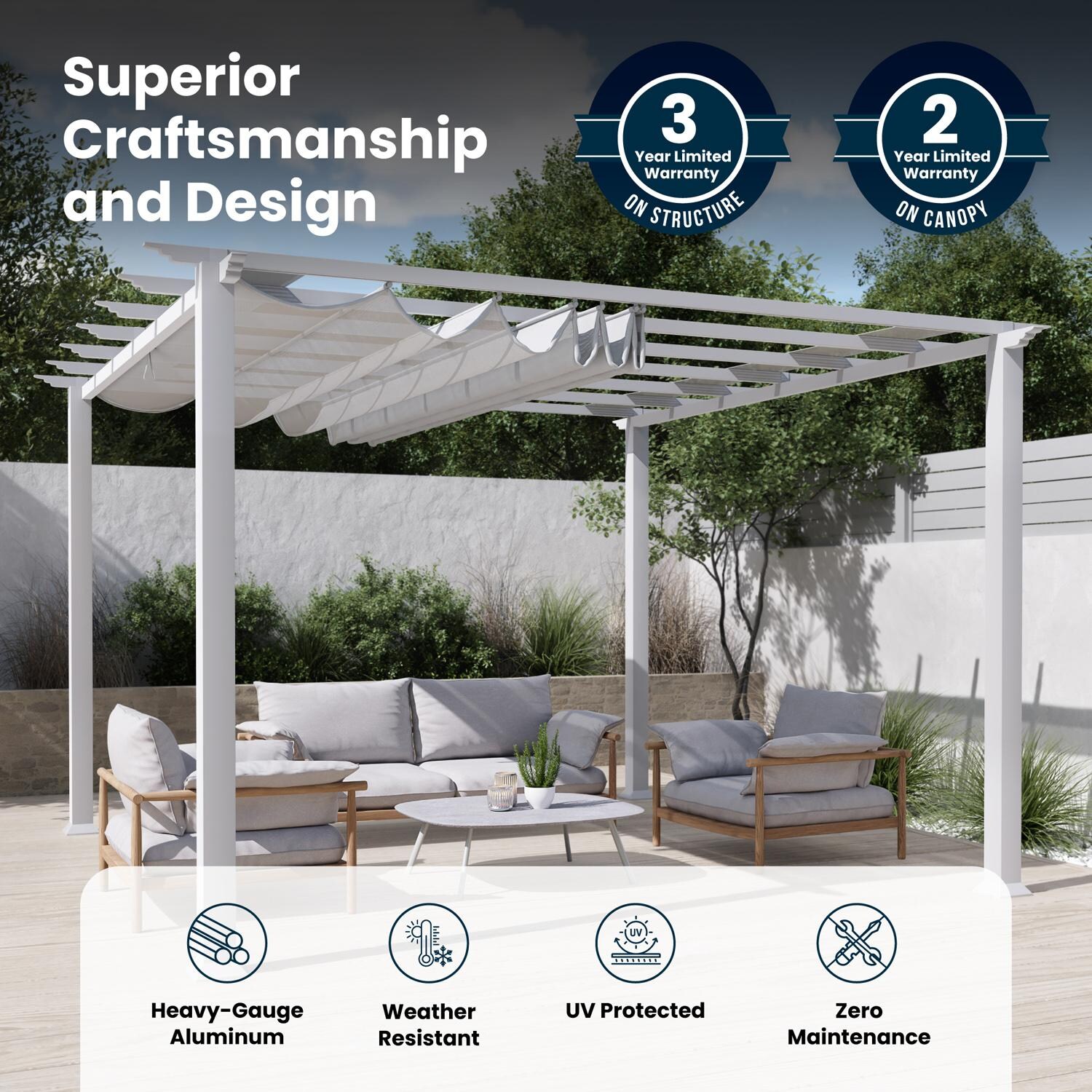 Paragon Outdoor PR11WTG Florence 11' x 11' White Pergola w/ Gray Canopy - Superior Craftmanship & Design - Detail thumbnail