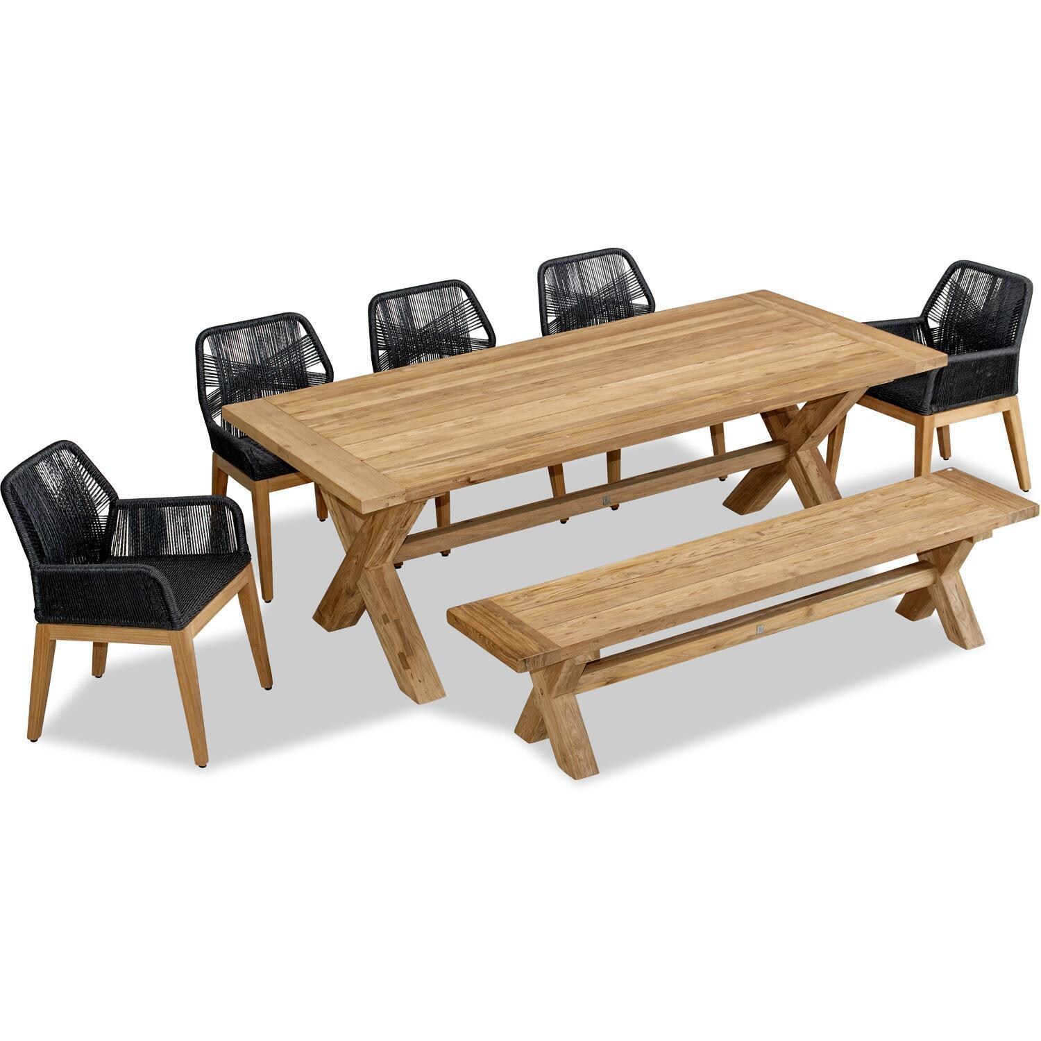 Wood Grove 8 Seat Reclaimed Teak and Rope Dining Set w/ Bench By Lakeview - Angled View From Above - White Background thumbnail