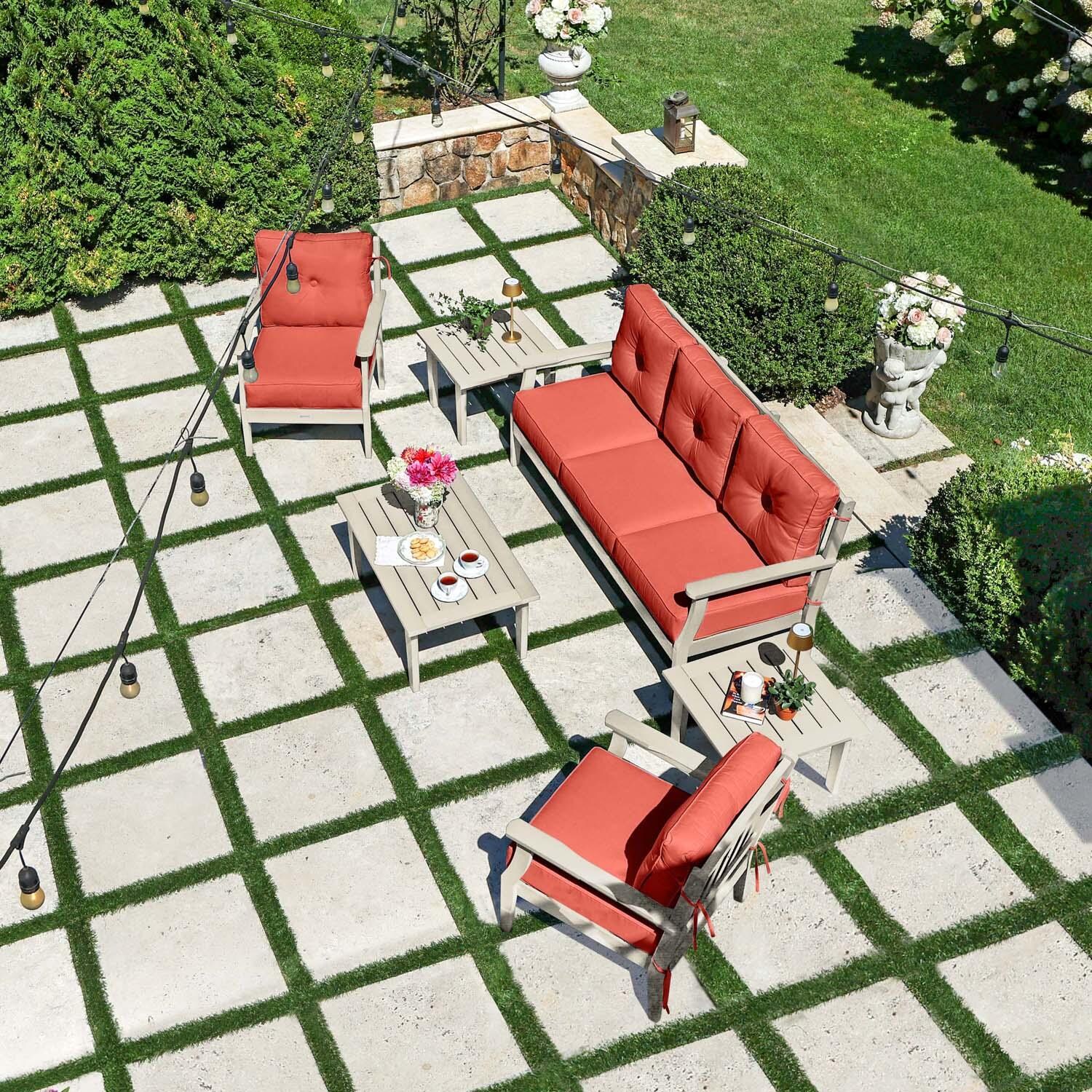Blushing Bay 6 Pc Recycled Plastic Seating Set w/ Sofa in Canvas Persimmon/Whitewash by Lakeview Outdoor Designs - Top View - Lifestyle thumbnail
