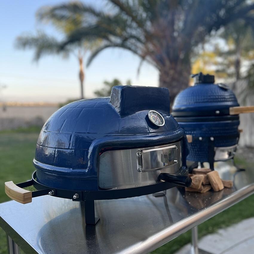 Lifesmart SCS-CPO21BLU Charcoal Pizza Oven - Blue - Side View Next to Kamado thumbnail
