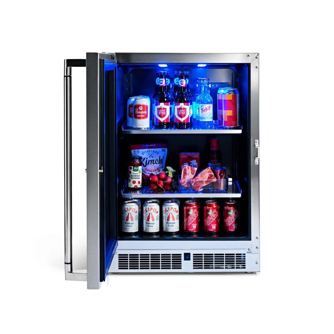 Lynx LN24REFG 24-in 5.3 Cu. Ft. Outdoor Beverage Cooler w/ Lock - Door Open w/ Drinks - White Background thumbnail