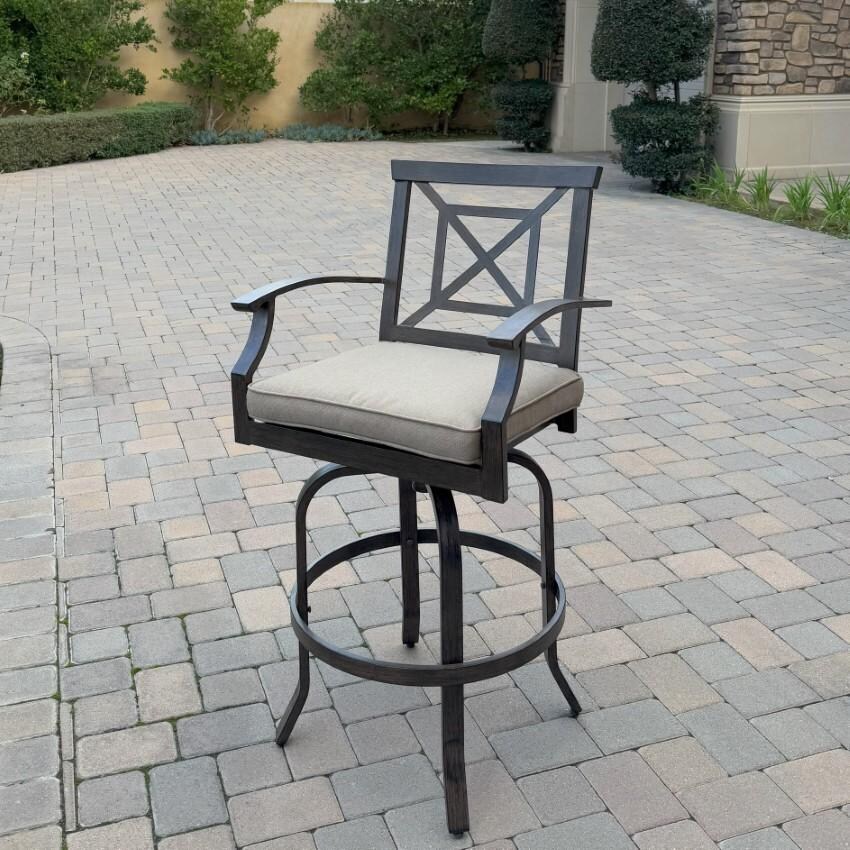 Atlantis Aluminum Swivel Bar Stool Set of 2 w/ Beige Cushions in Walnut By Darlee - Single Chair - Lifestyle thumbnail