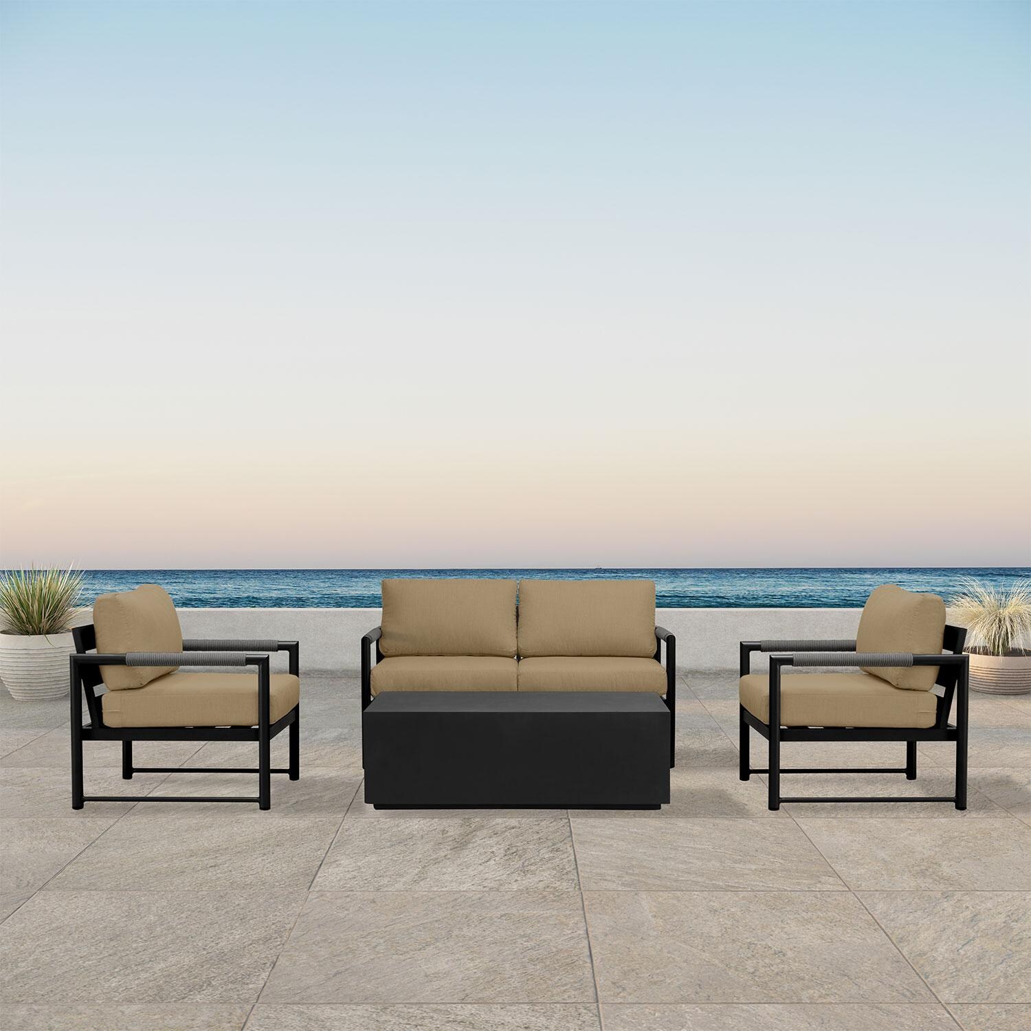 Lakeview AVEBAY-BK-CO-SET111-HB Avenue Bay Black/Carbon 5 Pc Loveseat Set - Heather Beige - On Patio - Lifestyle thumbnail