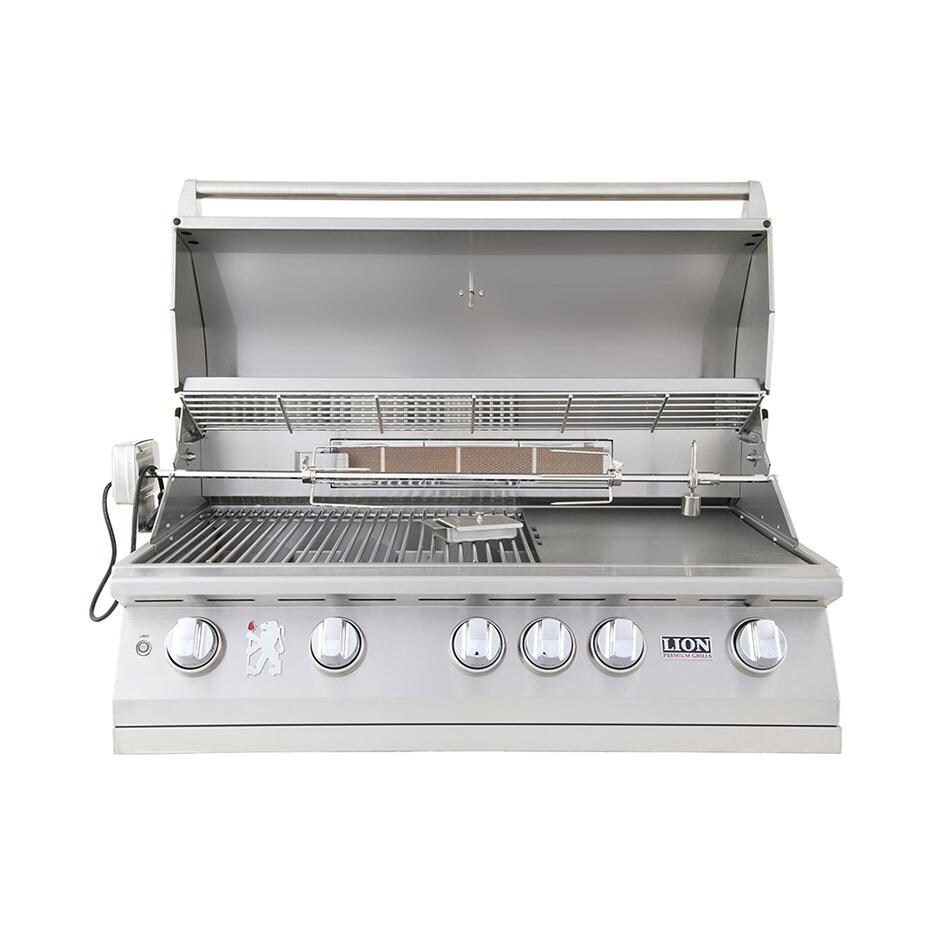 Lion 40-Inch L90000 Stainless Steel Built-In Natural Gas Grill - Lid Open - Lights Off With Rotisserie - White Background thumbnail