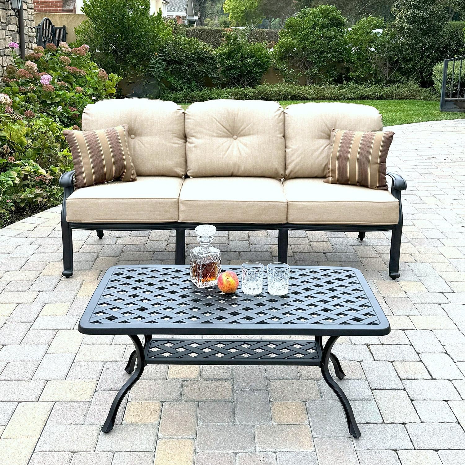 Darlee Elisabeth 2 Pc Cast Aluminum Seating Set w/ 42 X 21 Inch Series 30 Table & Throw Pillows in Antique Bronze/Beige - Set - Lifestyle thumbnail