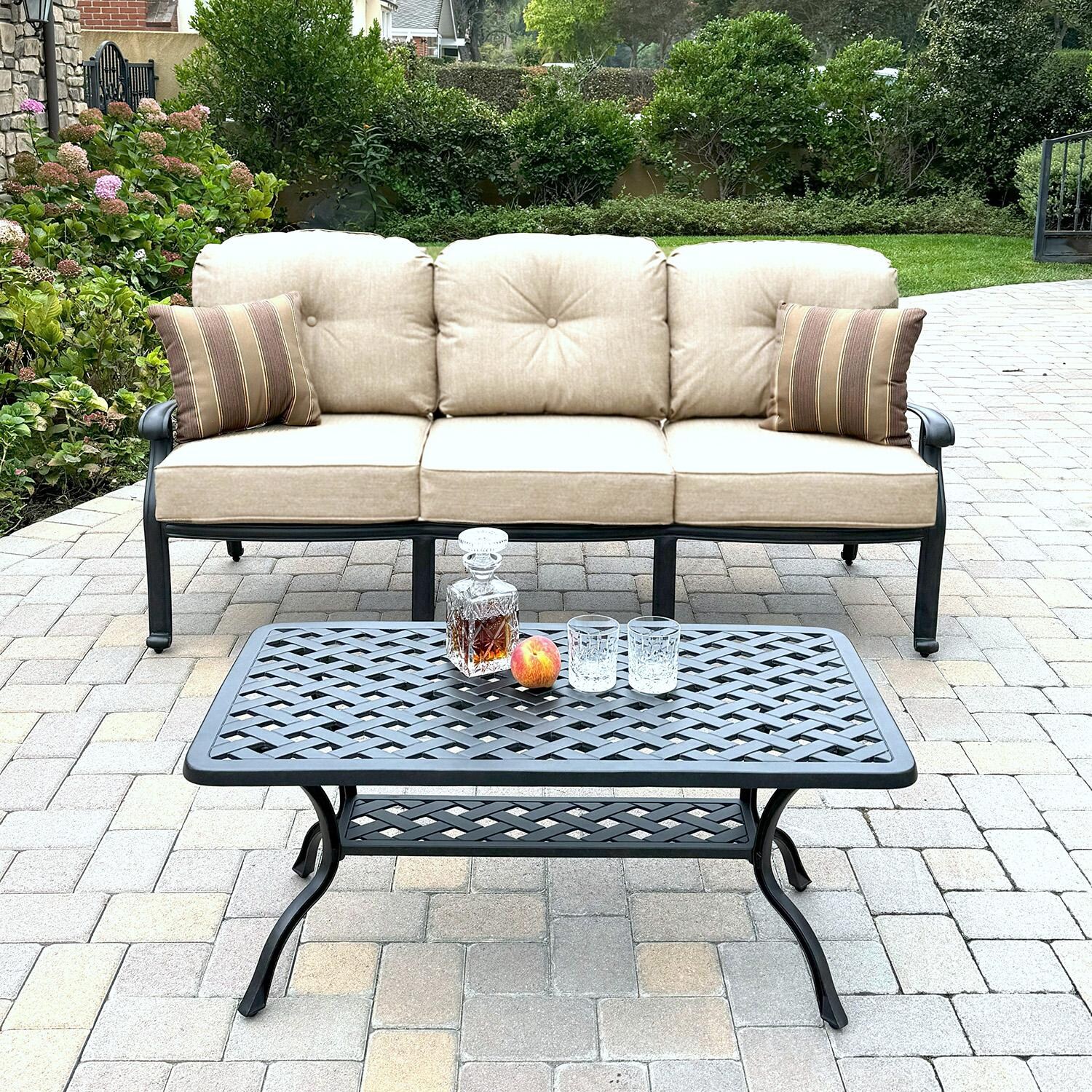 Darlee Elisabeth 2 Pc Cast Aluminum Seating Set w/ 42 X 21 Inch Series 30 Table & Throw Pillows in Antique Bronze/Beige - Set - Lifestyle thumbnail