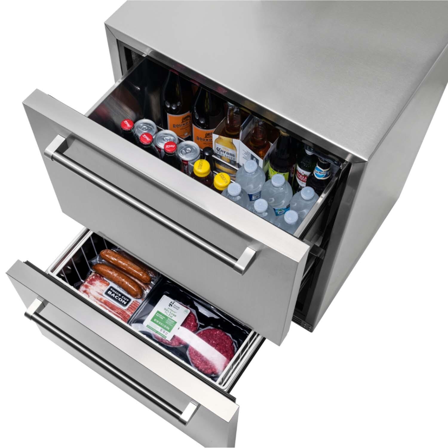 NewAir NCR040SS00 24 Inch 80 Can 20 Bottle Dual Drawer Commercial Built-in Outdoor Wine and Beverage Cooler - Stainless Steel - Both Drawers Open - White Background thumbnail