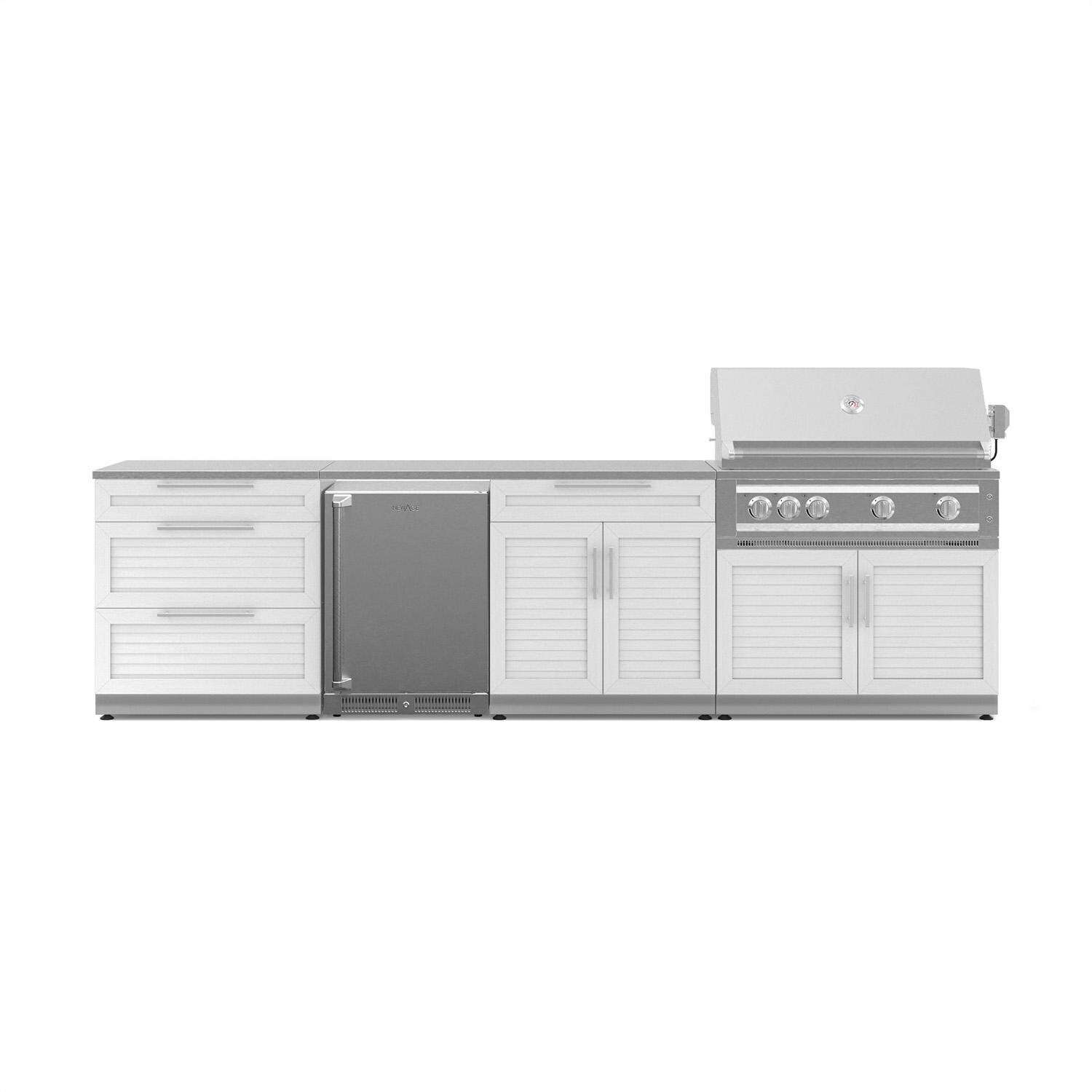 NewAge Products 71427 Classic Series 10 1/2 Ft Outdoor Kitchen Island w/ 40-in Natural Gas Grill, Refrigerator, Trash Bin, Door & Drawer in White/Stainless Steel - Island - White Background thumbnail