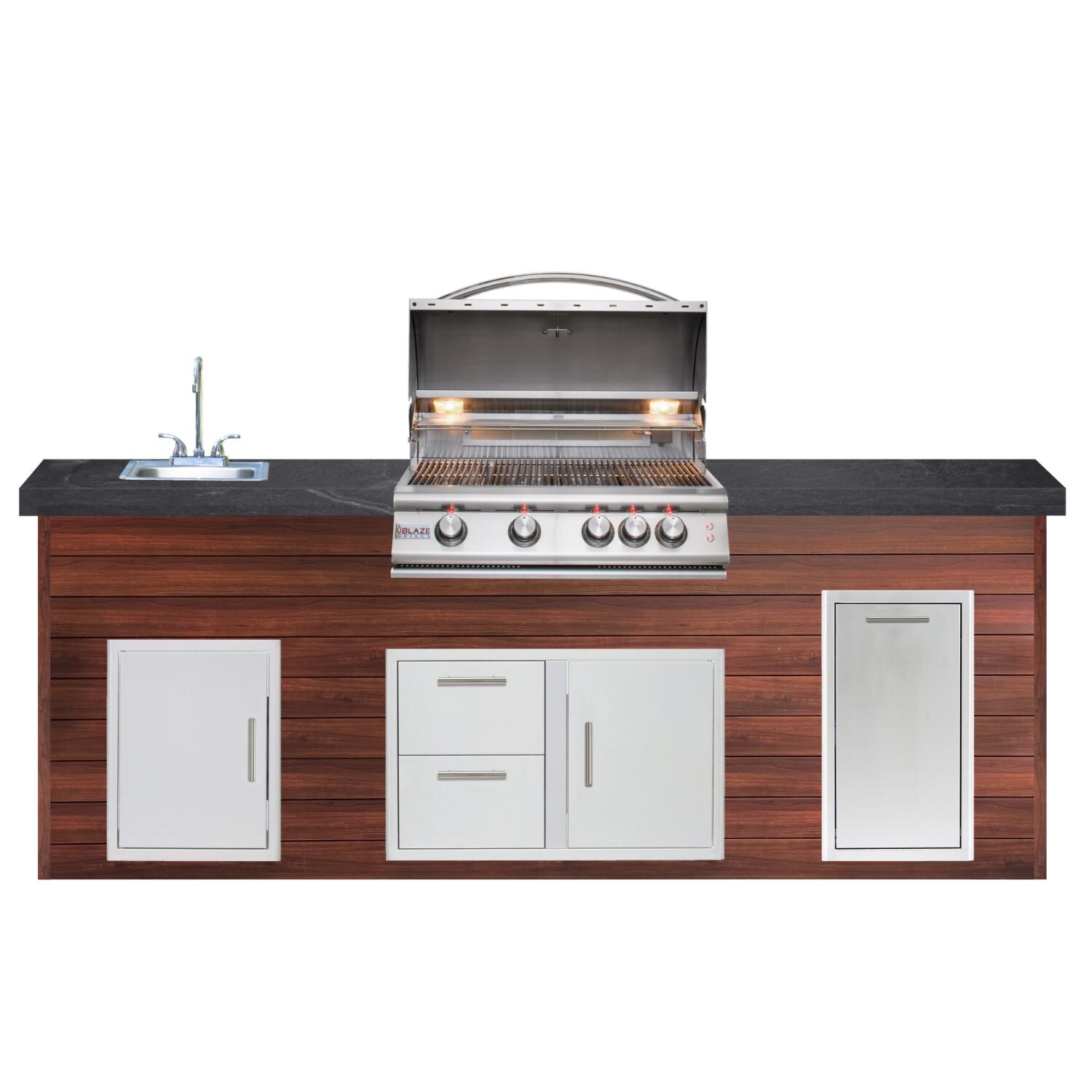 BBQGuys Signature 8ft Luxury Outdoor Island W/ Blaze Premium LTE 32-Inch Natural Gas Grill & Summerset 15-Inch Sink - Dark National Walnut Aluminum W/ Black Polished Granite thumbnail